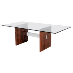 Mid-Century Modern Walnut Glass Top Dining Table, 1970’s, Milo Baughman Style