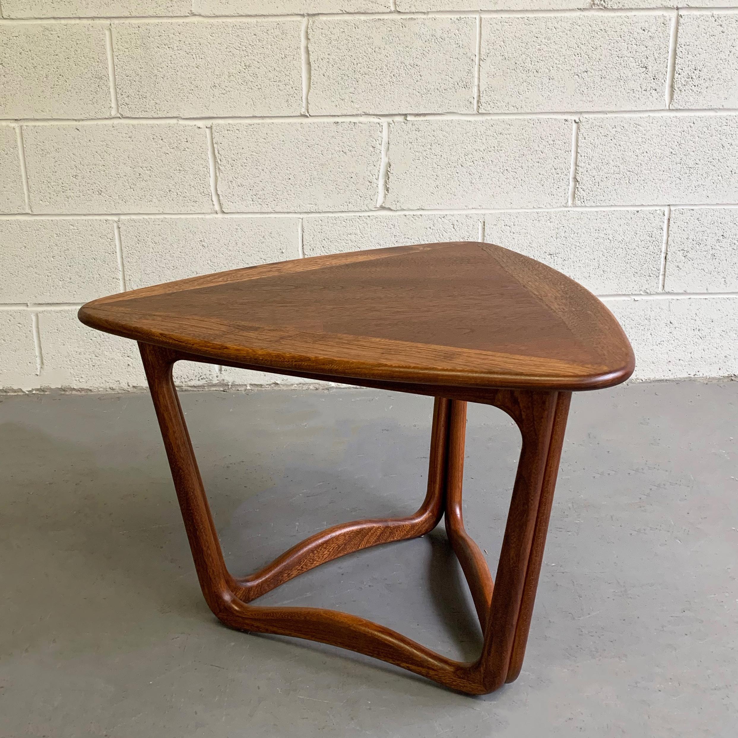 Mid-Century Modern, walnut, side or coffee table by Lane Alta Vista features a two-toned, triangular 