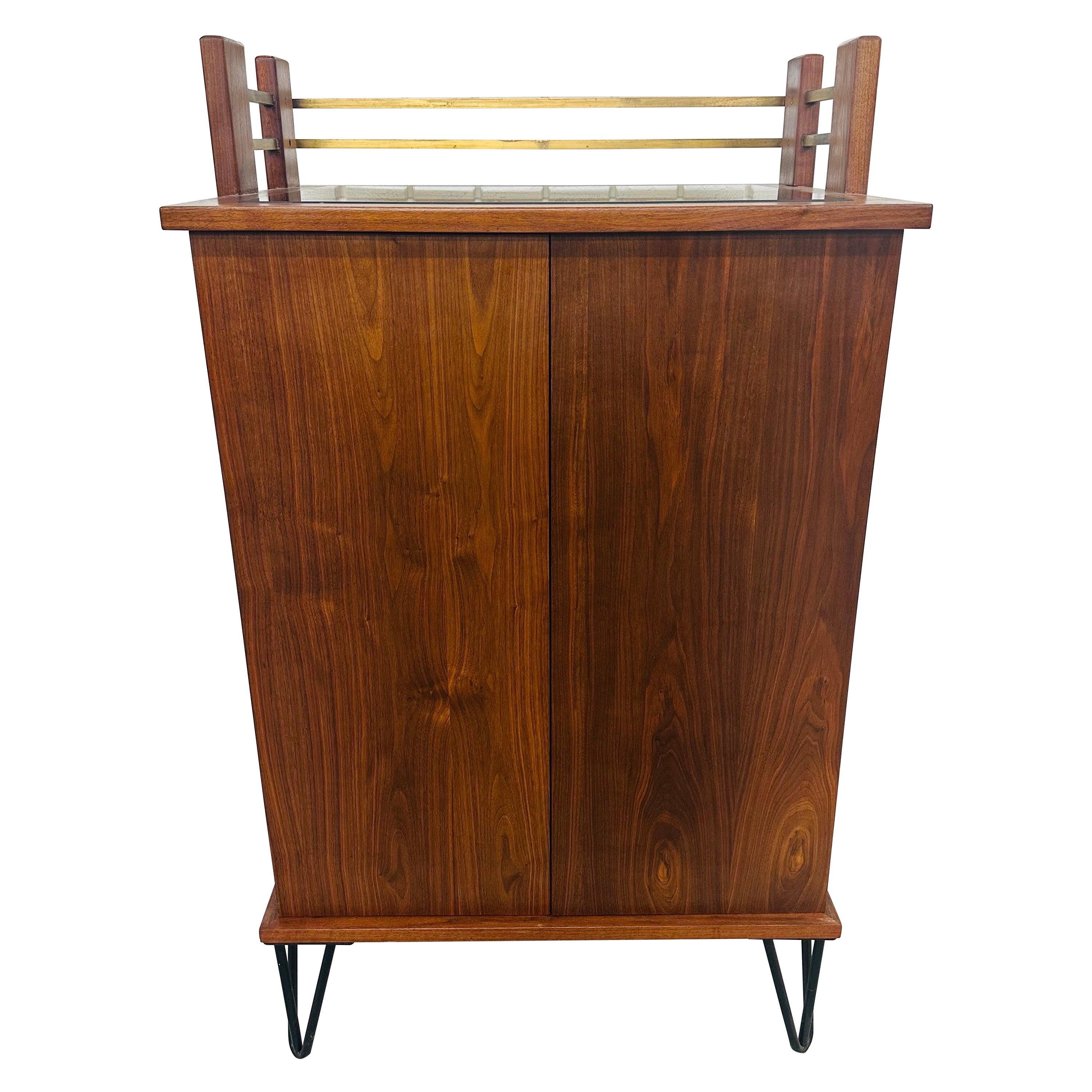 Mid-Century Modern Walnut Hairpin Bar Cabinet