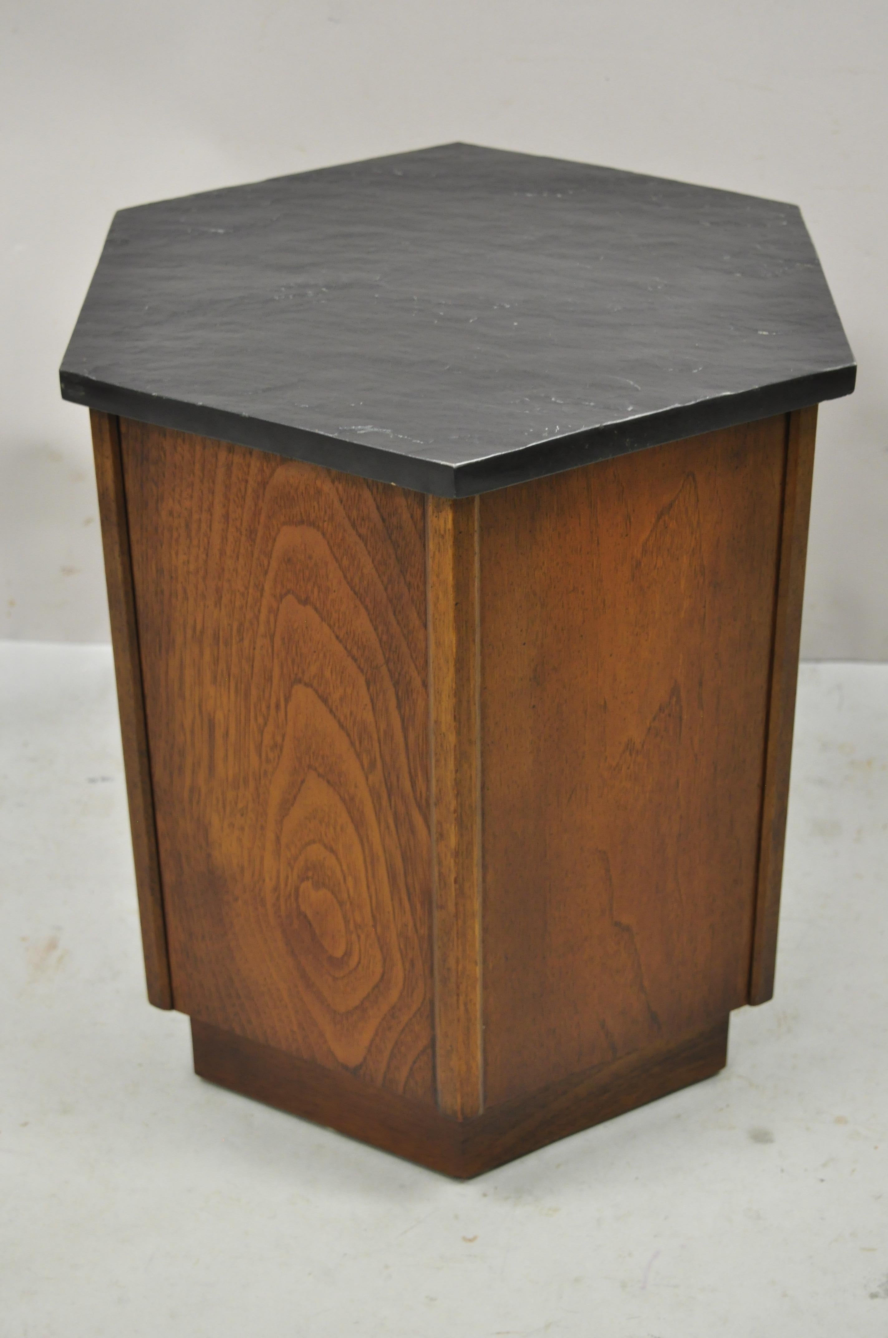 Mid-Century Modern Walnut Hexagonal Slate Top Side Cabinet Drum Table 2