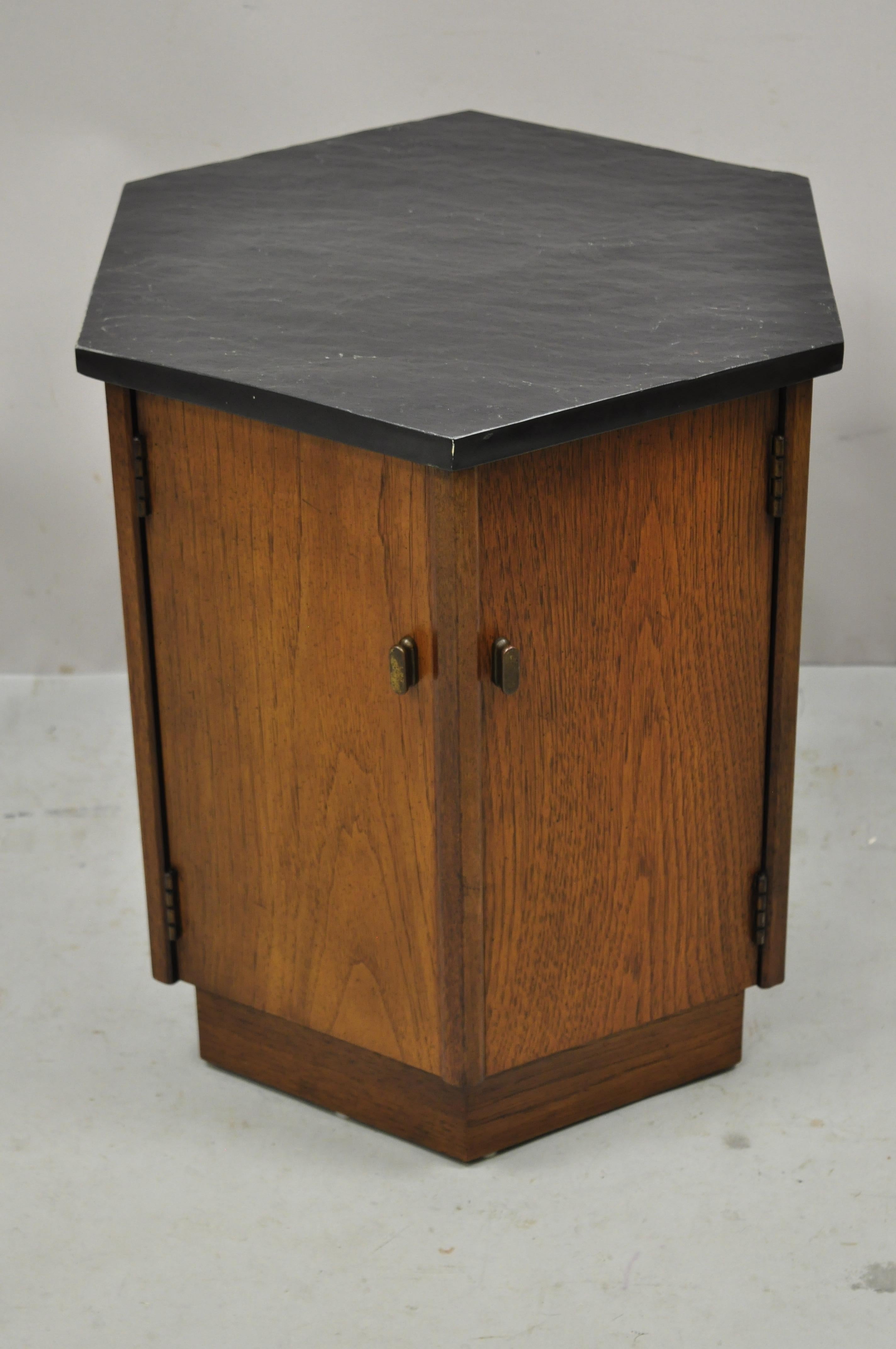Mid-Century Modern Walnut Hexagonal Slate Top Side Cabinet Drum Table 3