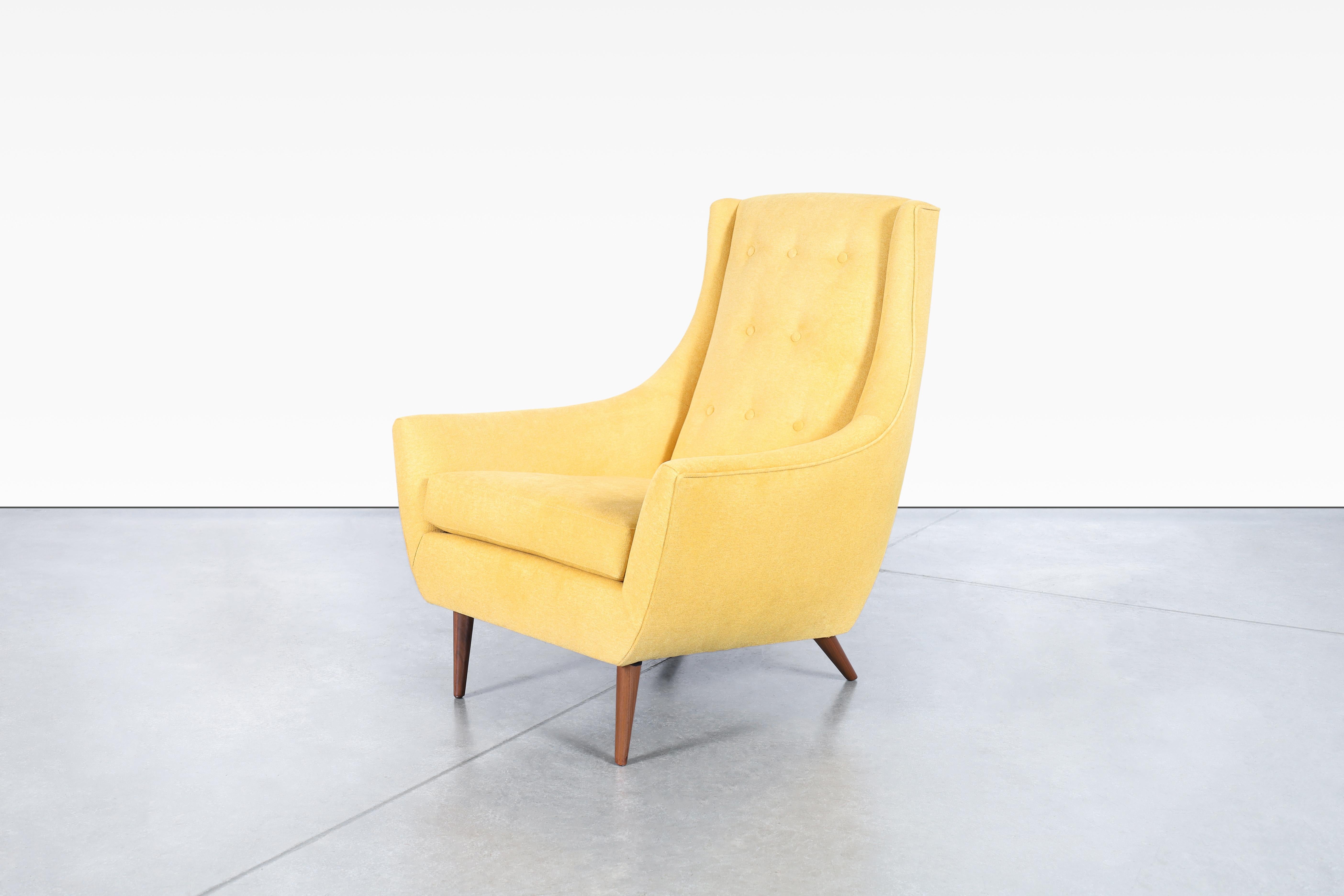 Fabric Mid-Century Modern Walnut High-Back Lounge Chairs For Sale