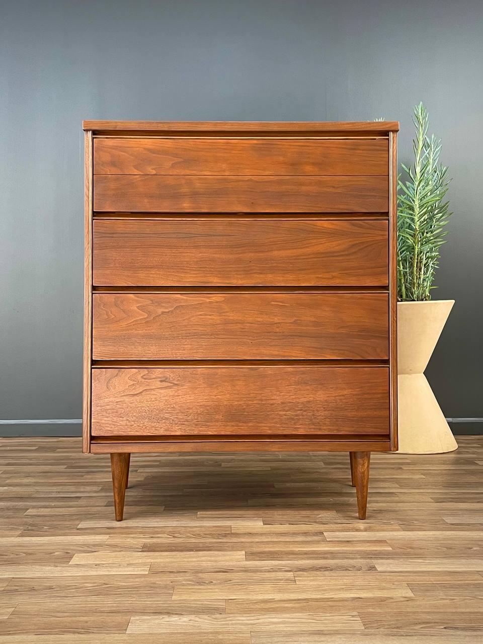 American Newly Refinished -Mid-Century Modern Walnut Highboy Dresser by Bassett Furniture