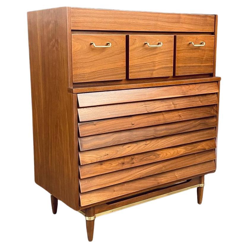 Newly Refinished - Mid-Century Modern Walnut Highboy Dresser by Merton Gershun For Sale