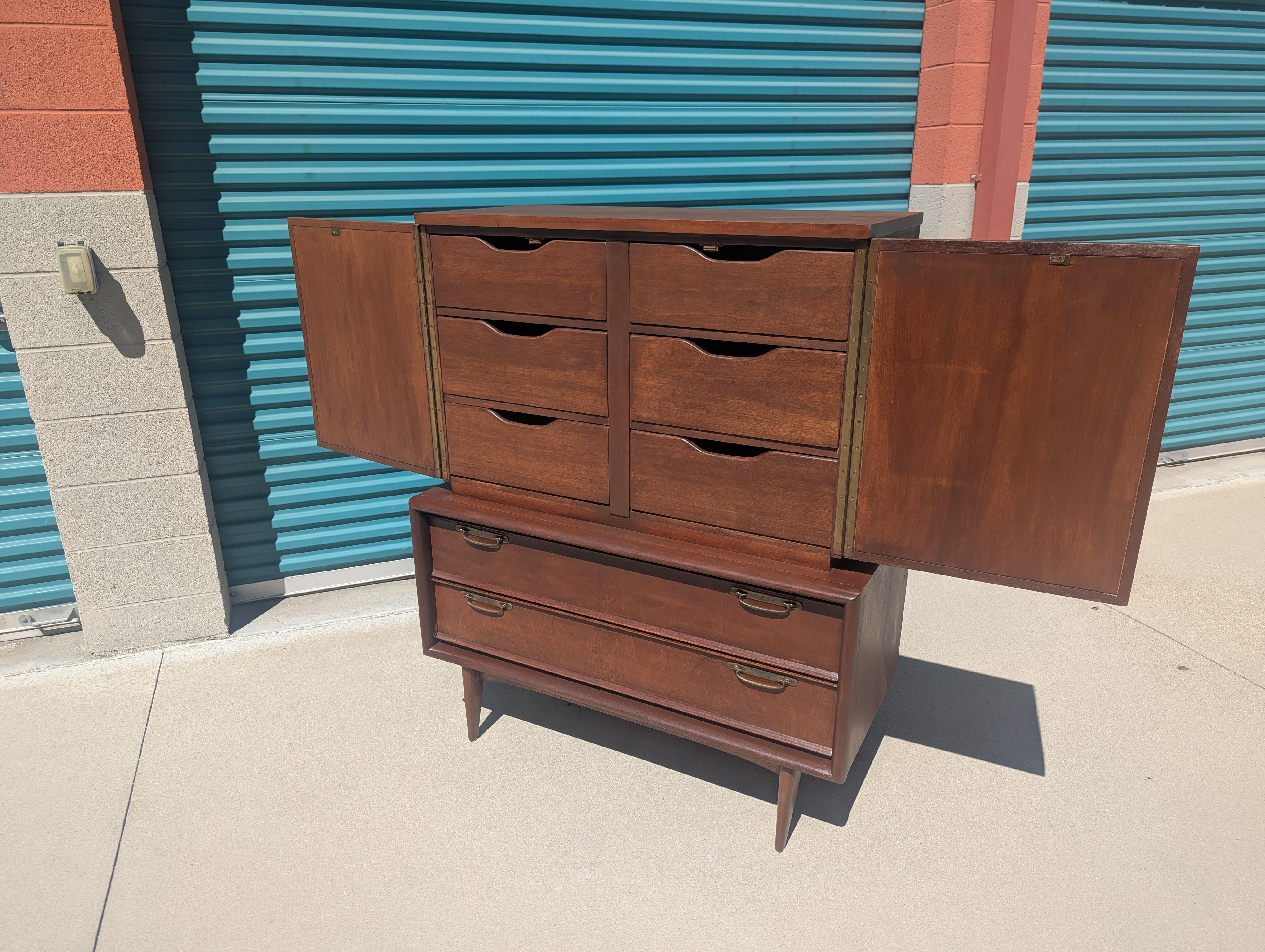 Mid Century Modern Walnut Highboy Dresser/Chest by United Furniture, c1960s In Excellent Condition For Sale In Chino Hills, CA