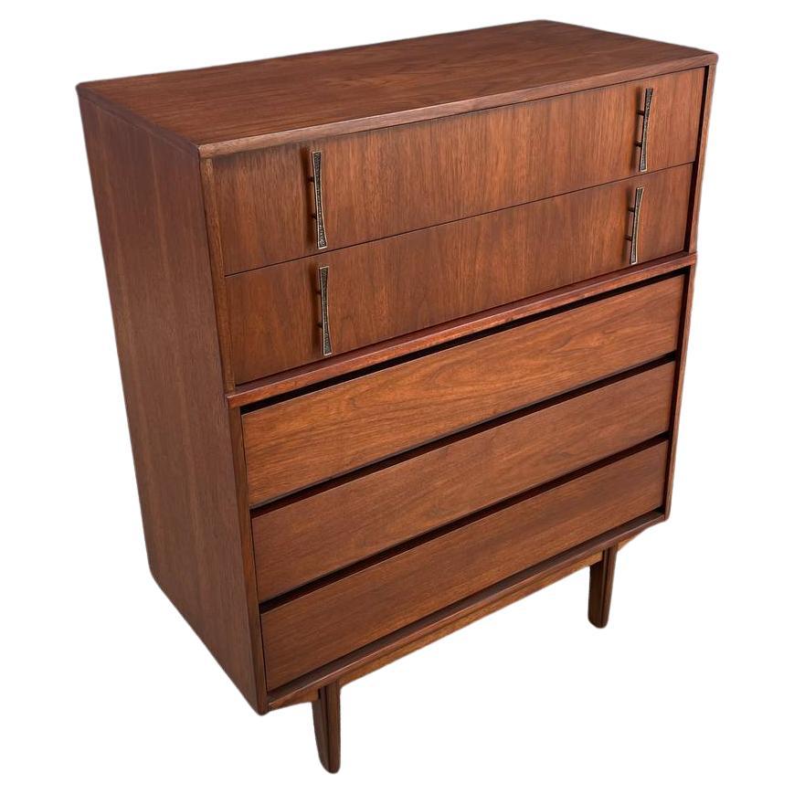 Newly Refinished - Mid-Century Modern Walnut Highboy Dresser For Sale