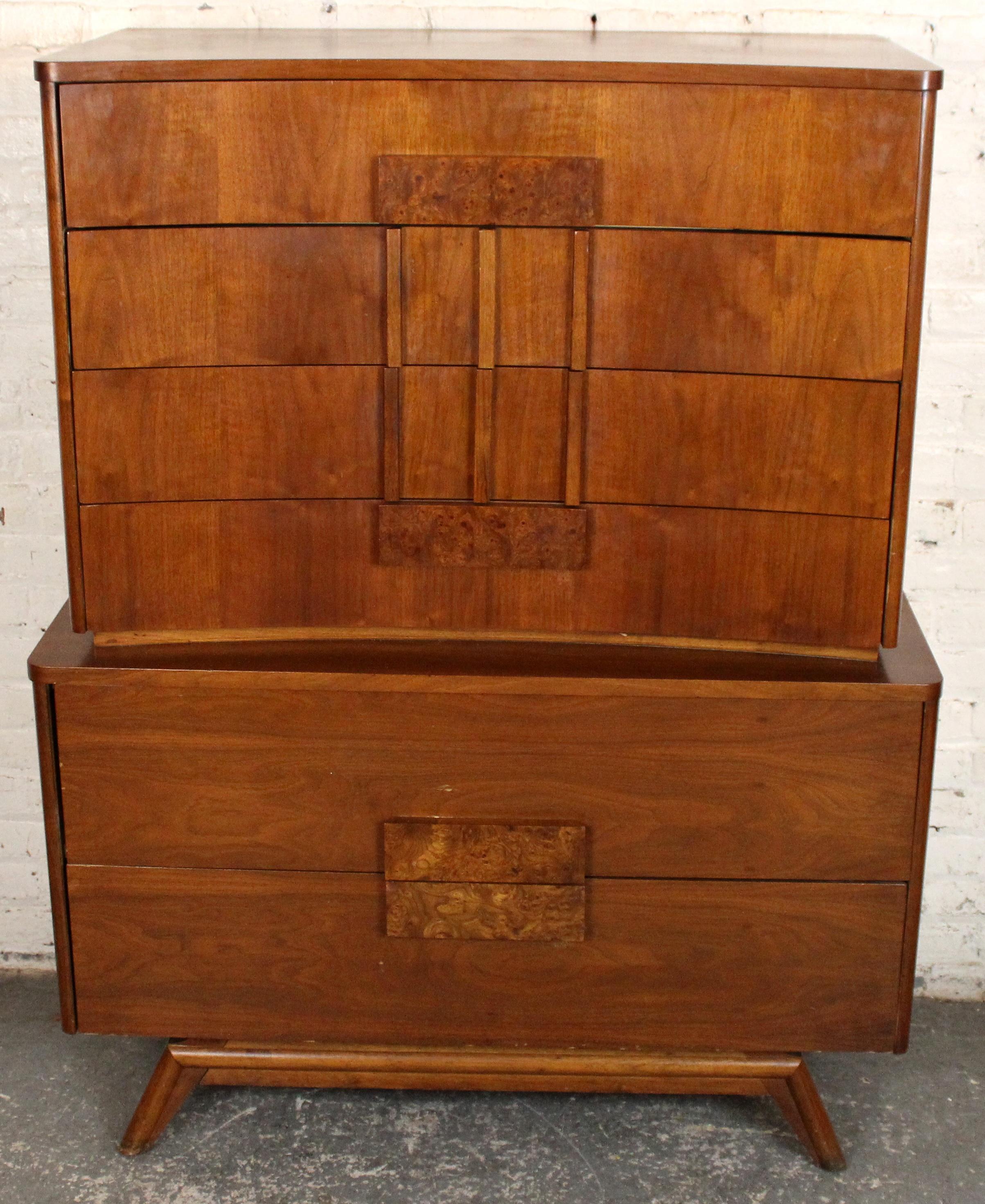 Mid-Century Modern Walnut Highboy Dresser with Burl Handles For Sale