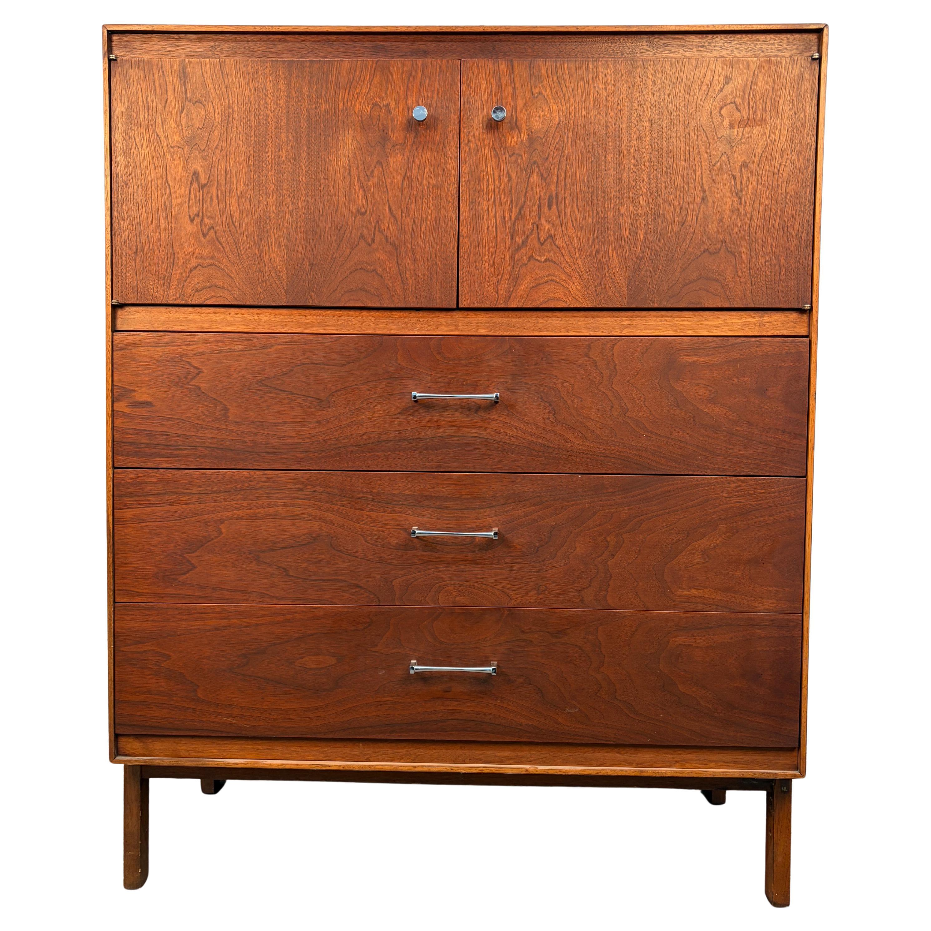 Mid-Century Modern Walnut Highboy Dresser with Cabinet Doors