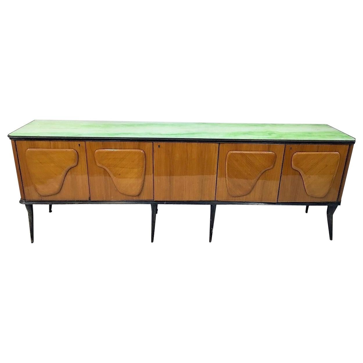 Mid-Century Modern Walnut Italian Sideboard, Green Marble Effect Glass Top