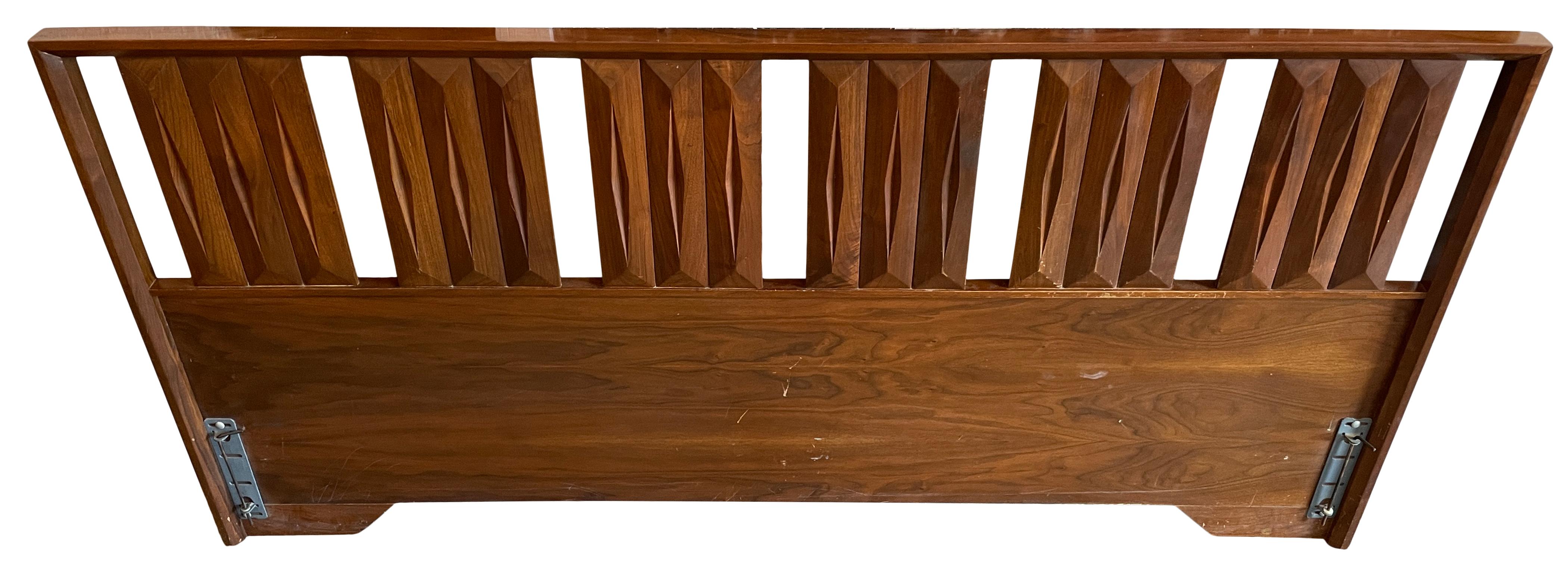 Beautiful king sized headboard by Albert Parvin & co. circa 1960s. In good vintage condition. Great design, wood grain and geometric shape. Has pins no hardware. Headboard only. The dimensions are 80
