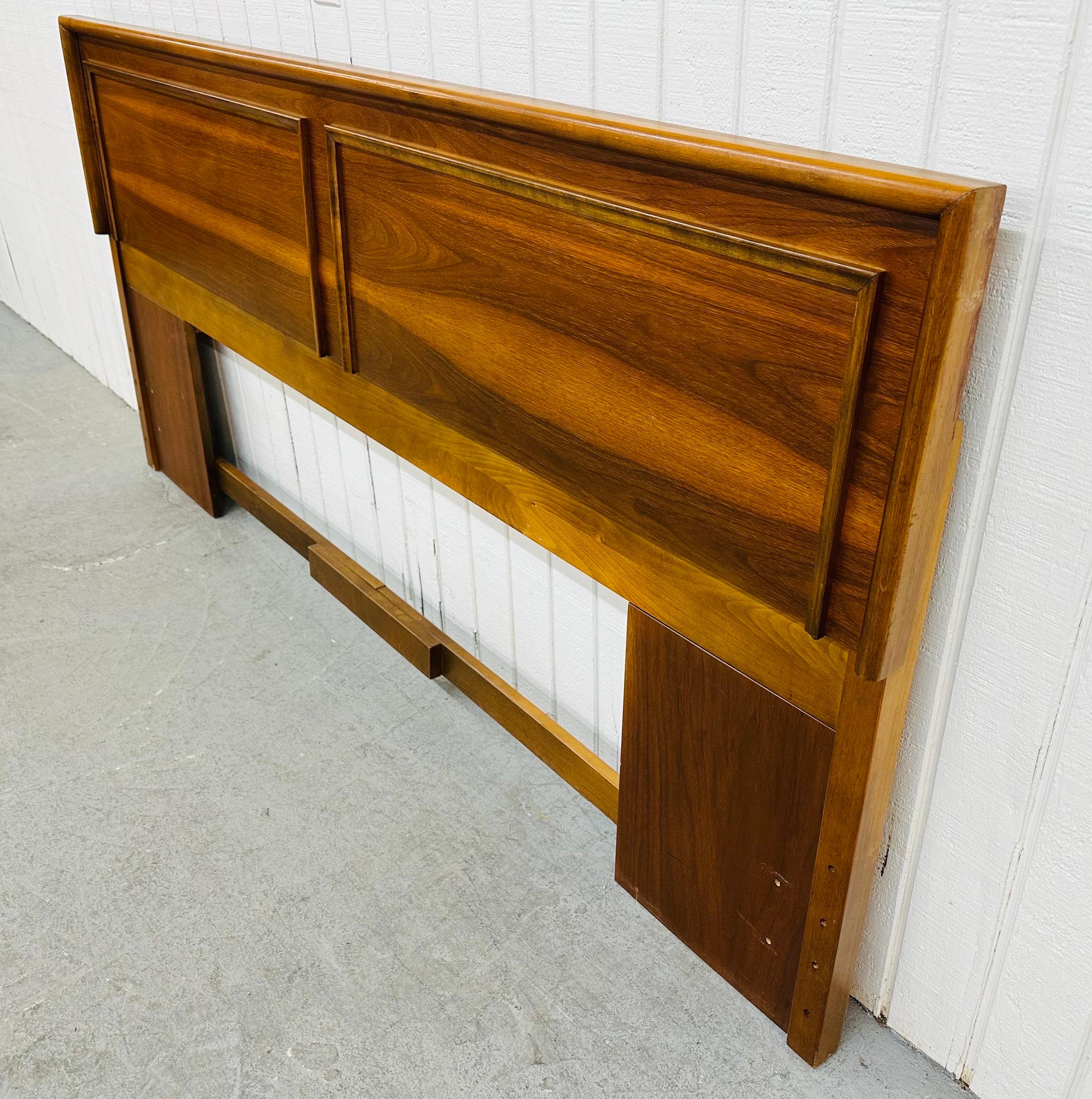 This listing is for a Mid-Century Modern Walnut King Size Headboard. Featuring a straight line design, trim accents on each side, beautiful walnut grain throughout the headboard, and a walnut finish! This is an exceptional combination of quality and