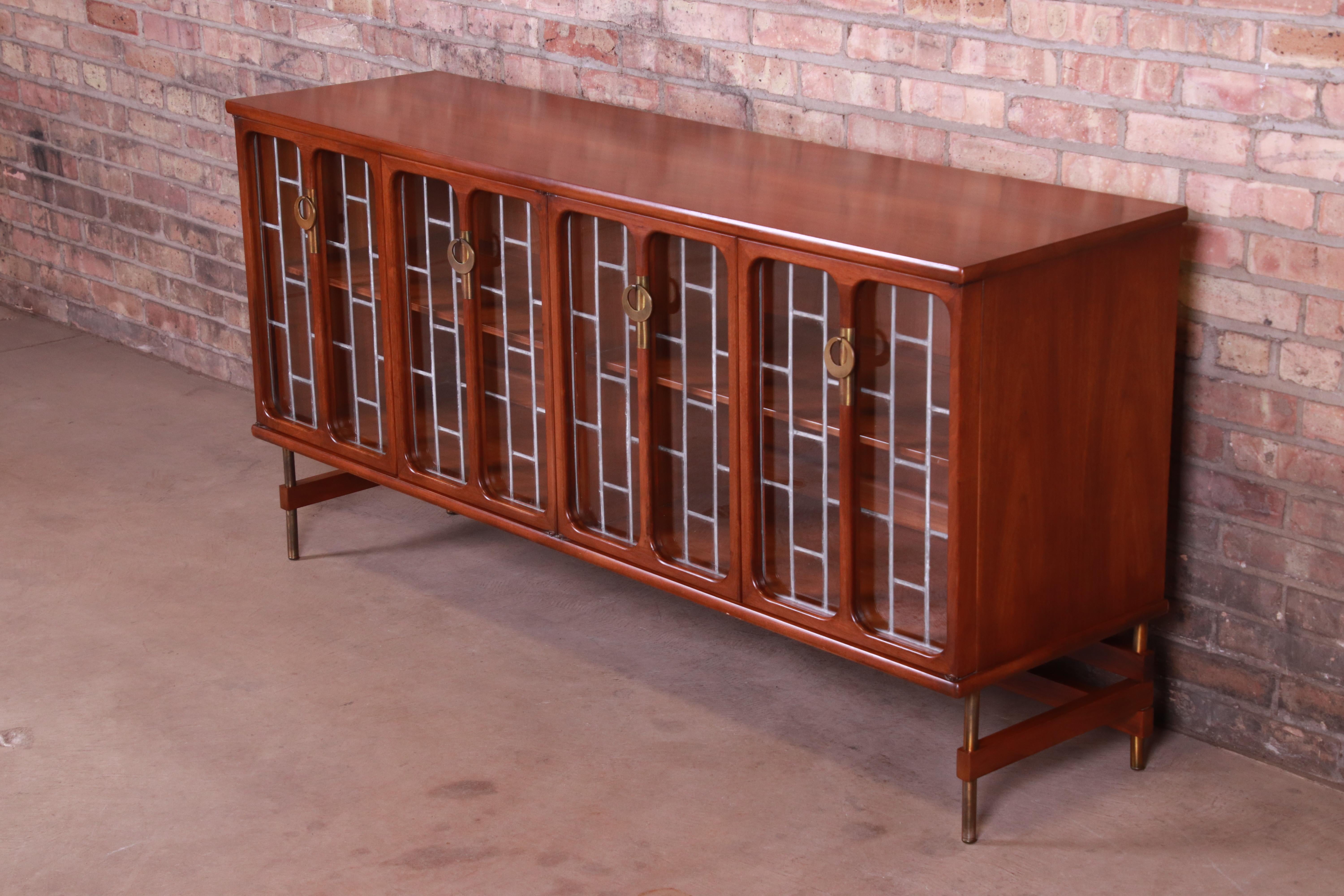 American Mid-Century Modern Walnut Leaded Glass Bookcase by White Furniture, circa 1960s