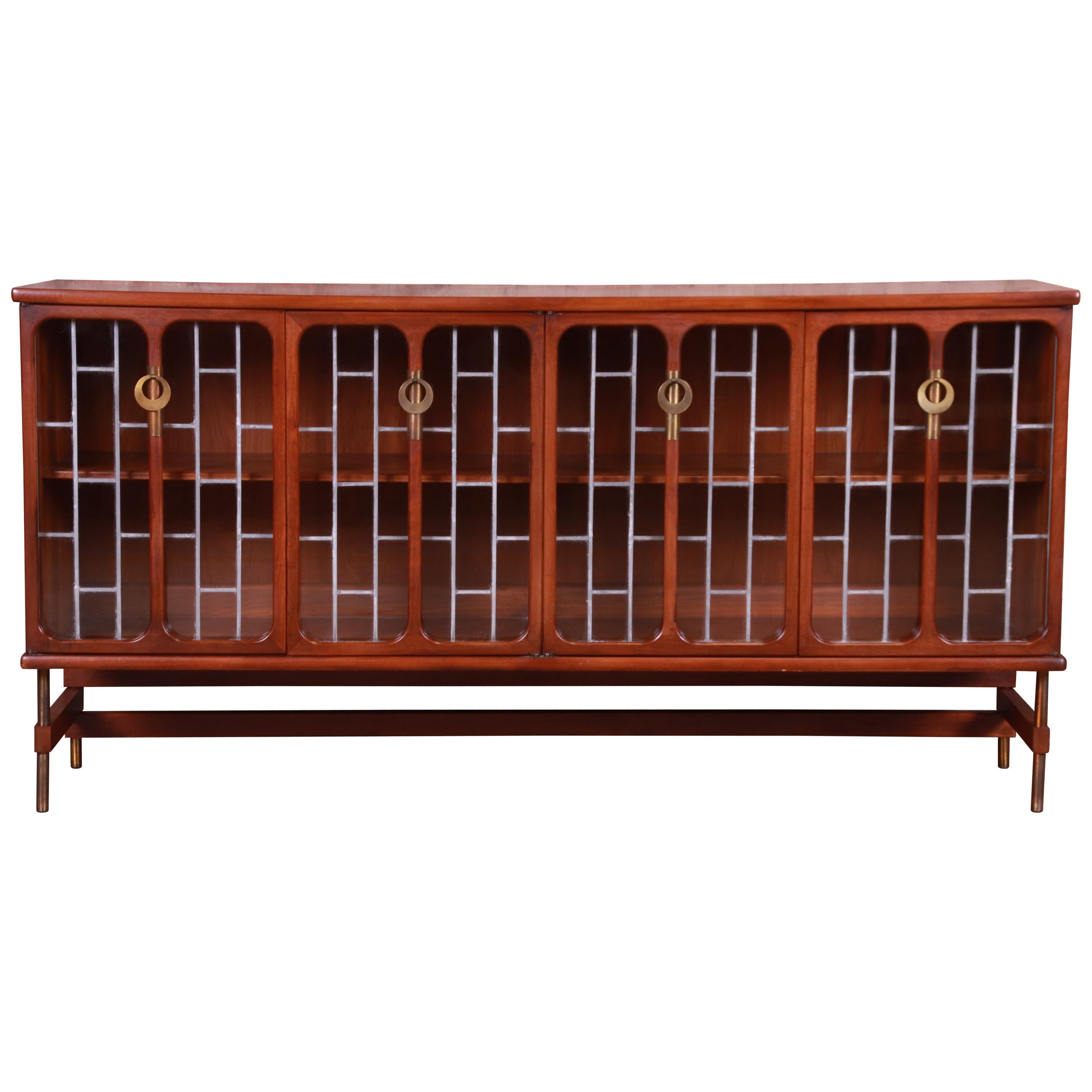 Mid-Century Modern Walnut Leaded Glass Bookcase by White Furniture, circa 1960s