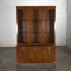 Mid-Century Modern Walnut Lighted China Cabinet with Chrome Accents