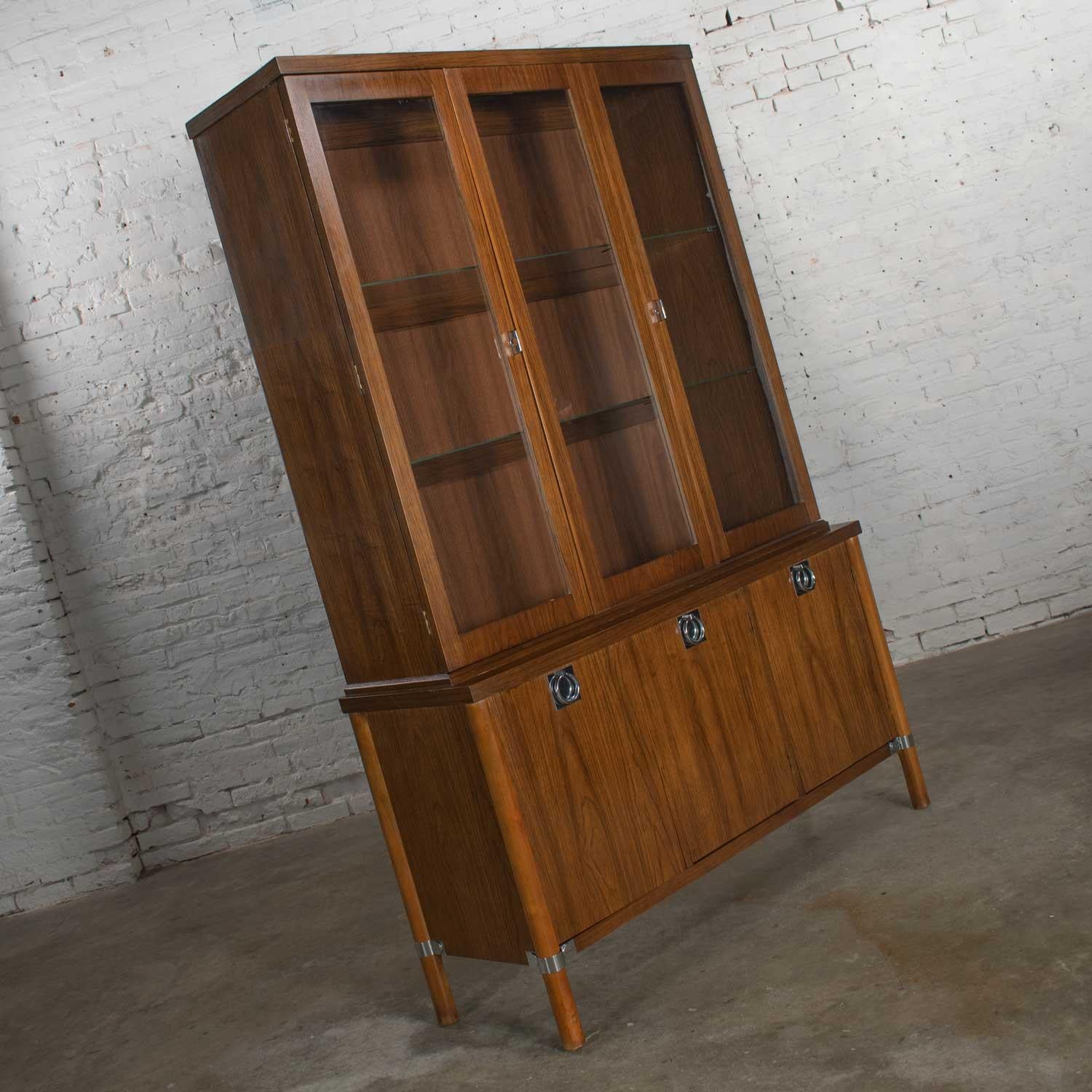 Unknown Mid-Century Modern Walnut Lighted China Cabinet with Chrome Accents