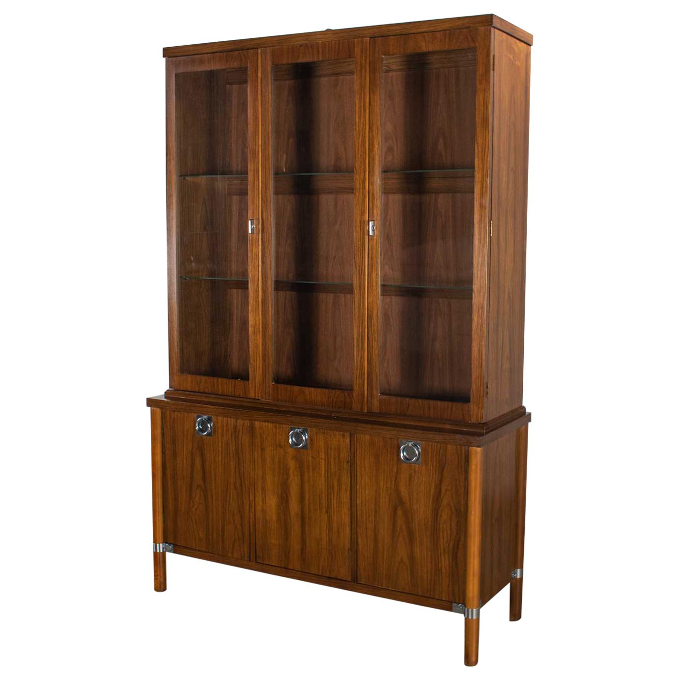 Mid-Century Modern Walnut Lighted China Cabinet with Chrome Accents