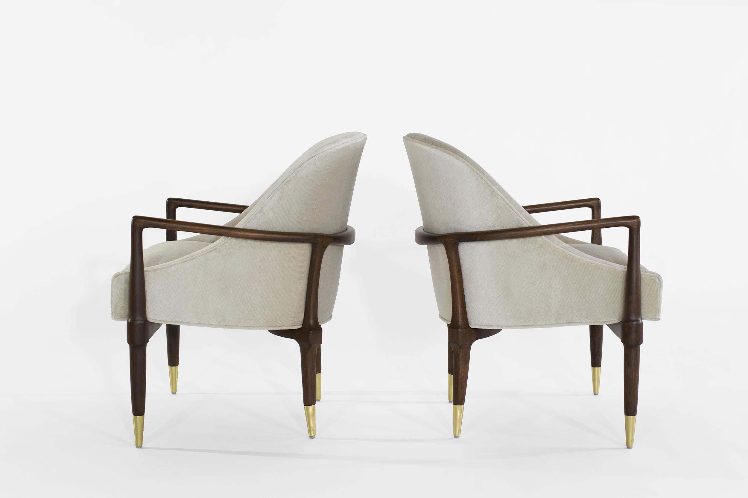 Brass Mid-Century Modern Walnut Lounge Chairs