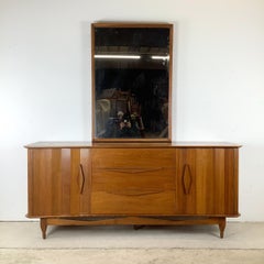 Mid-Century Modern Walnut Lowboy Dresser with Matching Mirror