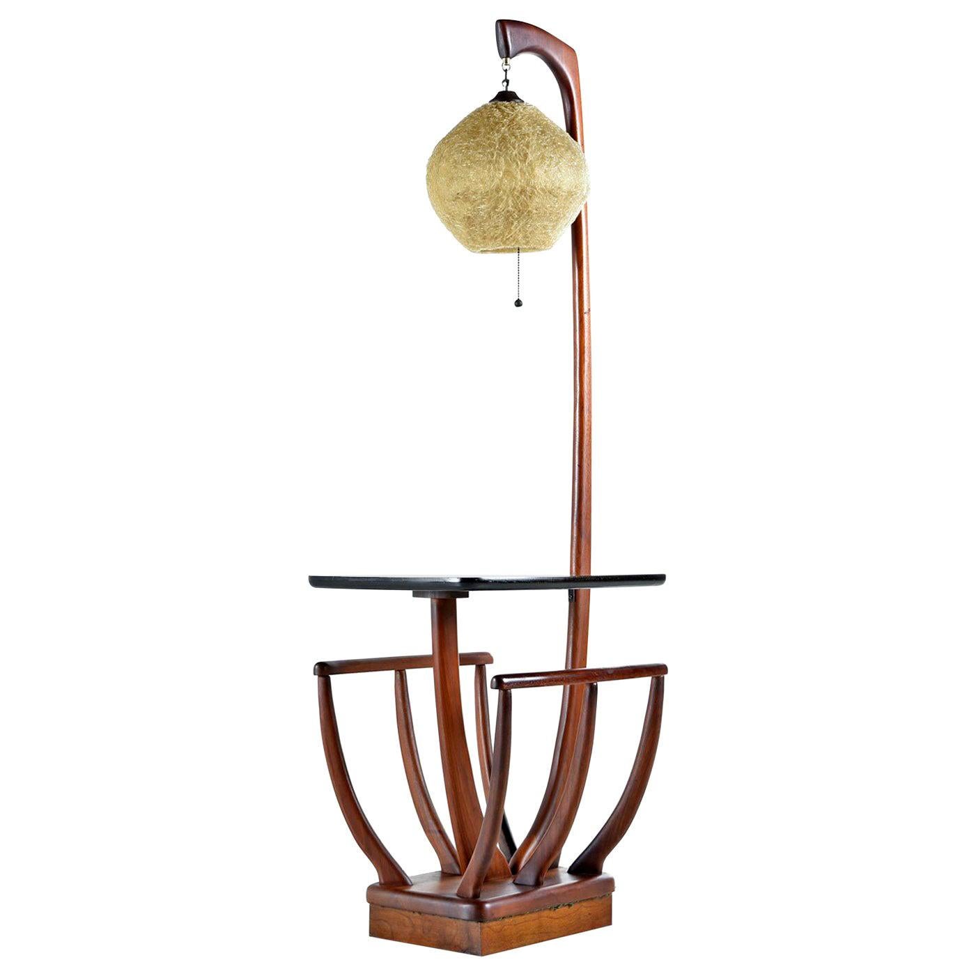 Mid-Century Modern Walnut Magazine Rack Acrylic Spaghetti Globe Floor Lamp