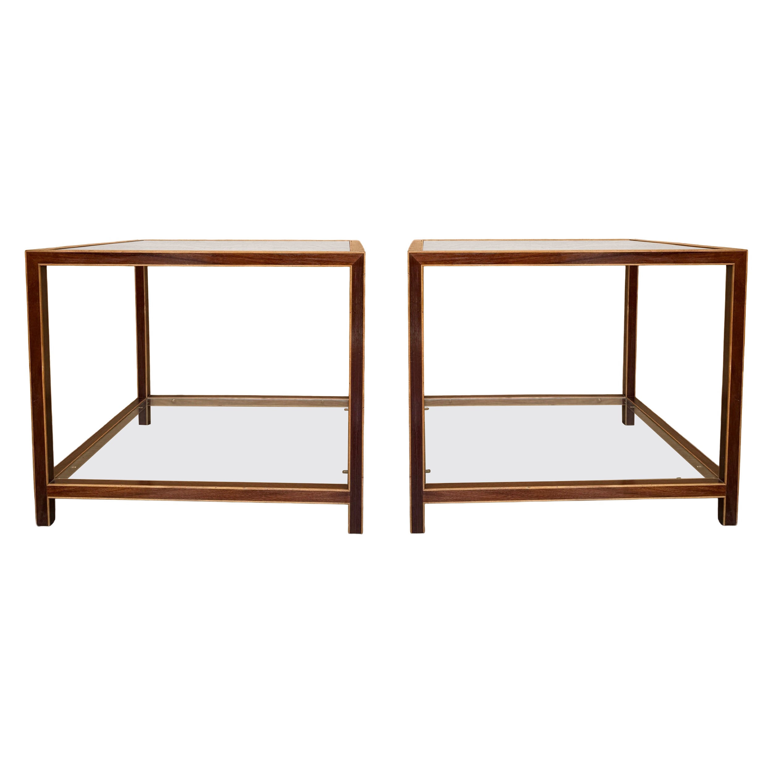 Mid-Century Modern Walnut Marquetry Side Tables with Double Glass Shelves
