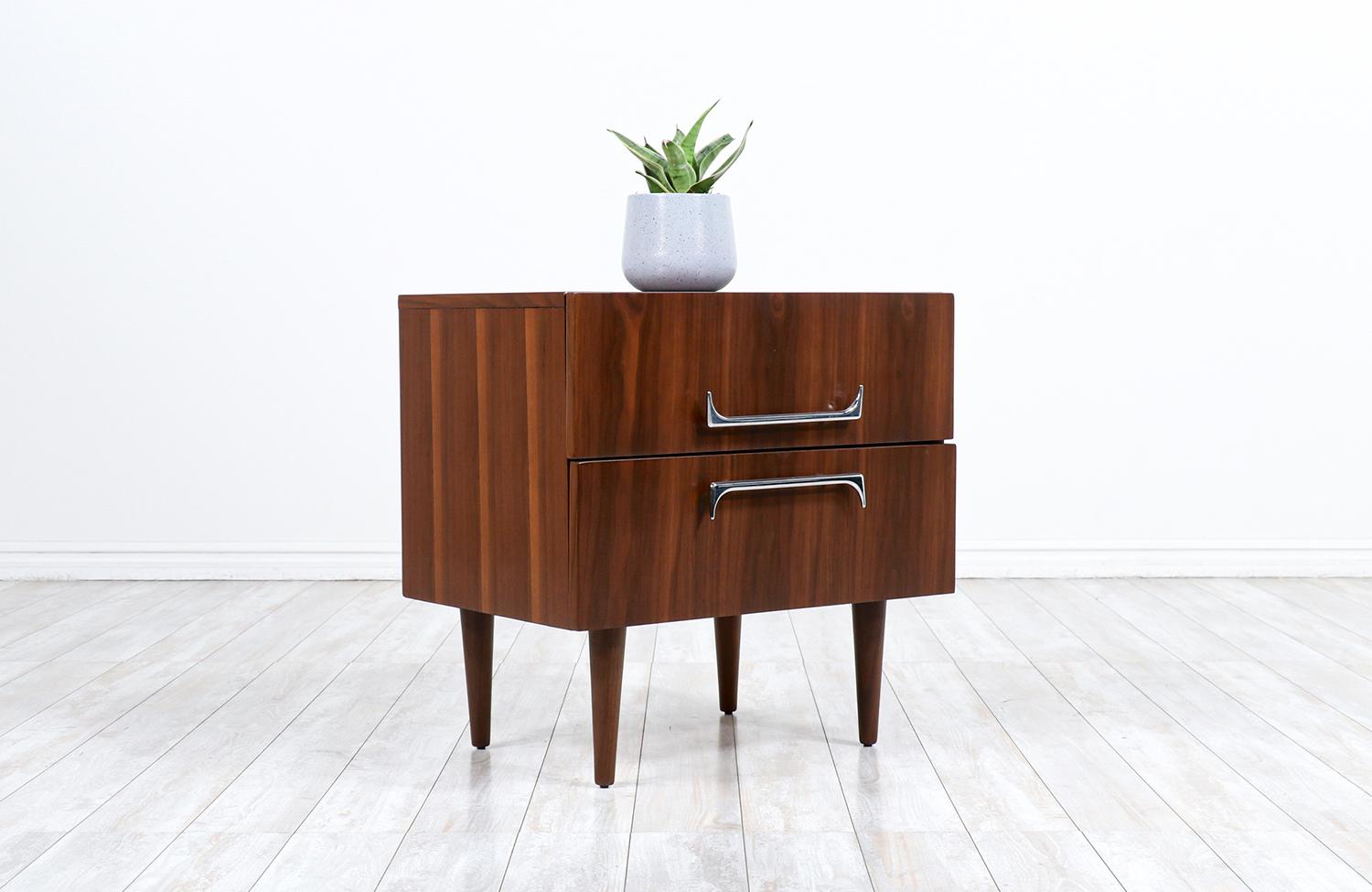 American Mid-Century Modern Walnut Night Stand with Sculpted Chrome Pulls