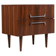 Mid-Century Modern Walnut Night Stand with Sculpted Chrome Pulls