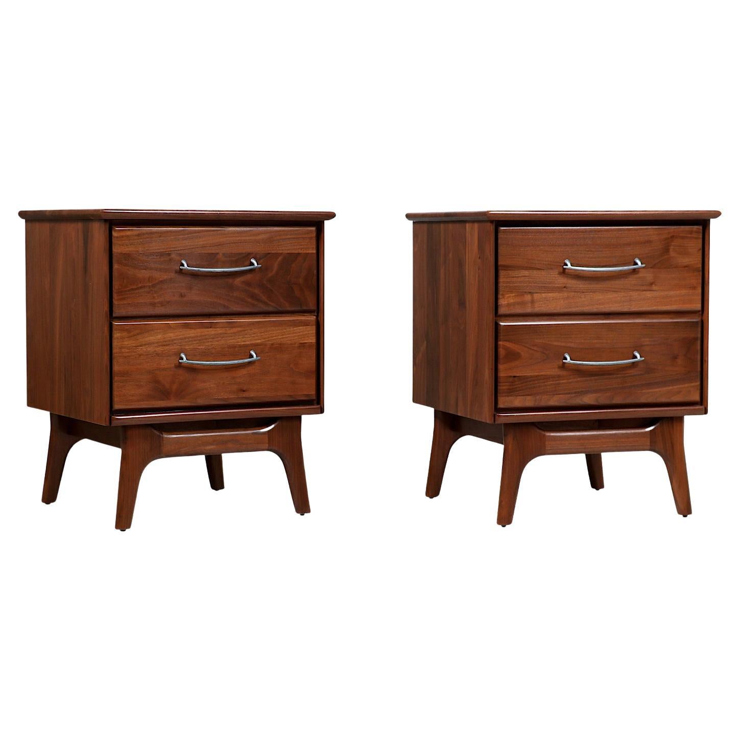 Expertly Restored - Mid-Century Modern Walnut Night Stands by Ace-Hi For Sale