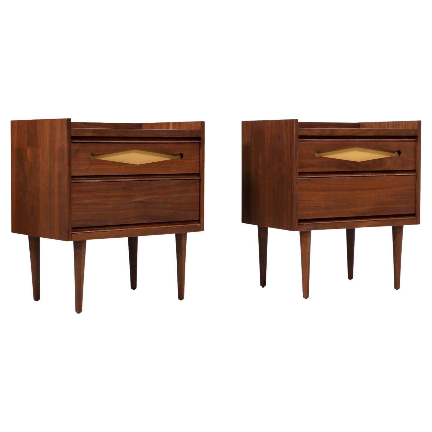 Mid-Century Modern Walnut Night Stands with Lacquered Accent Drawers
