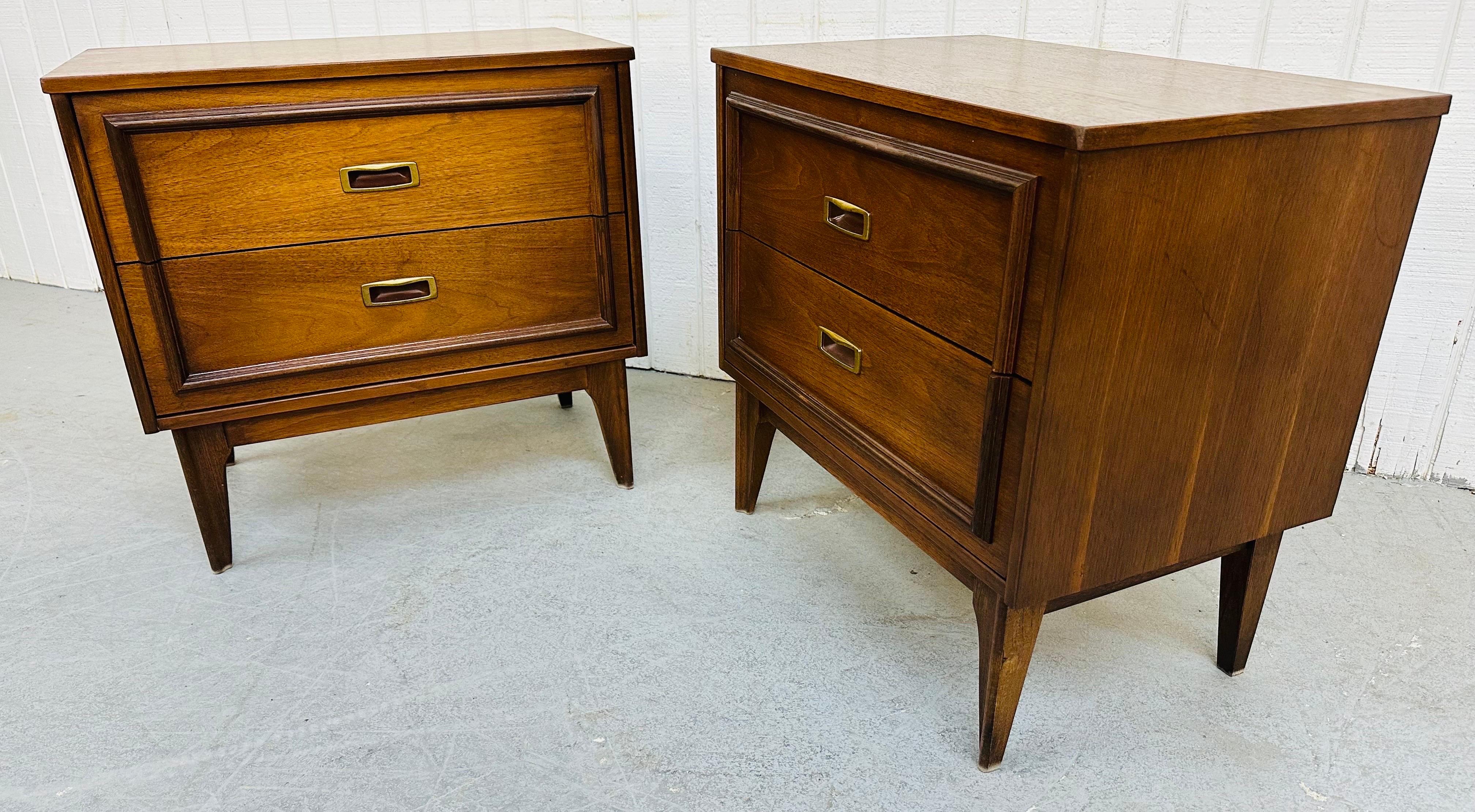 This listing is for a pair of Mid-Century Modern Walnut Nightstands. Featuring a straight line design, two drawers for storage, original hardware, and a beautiful walnut finish.