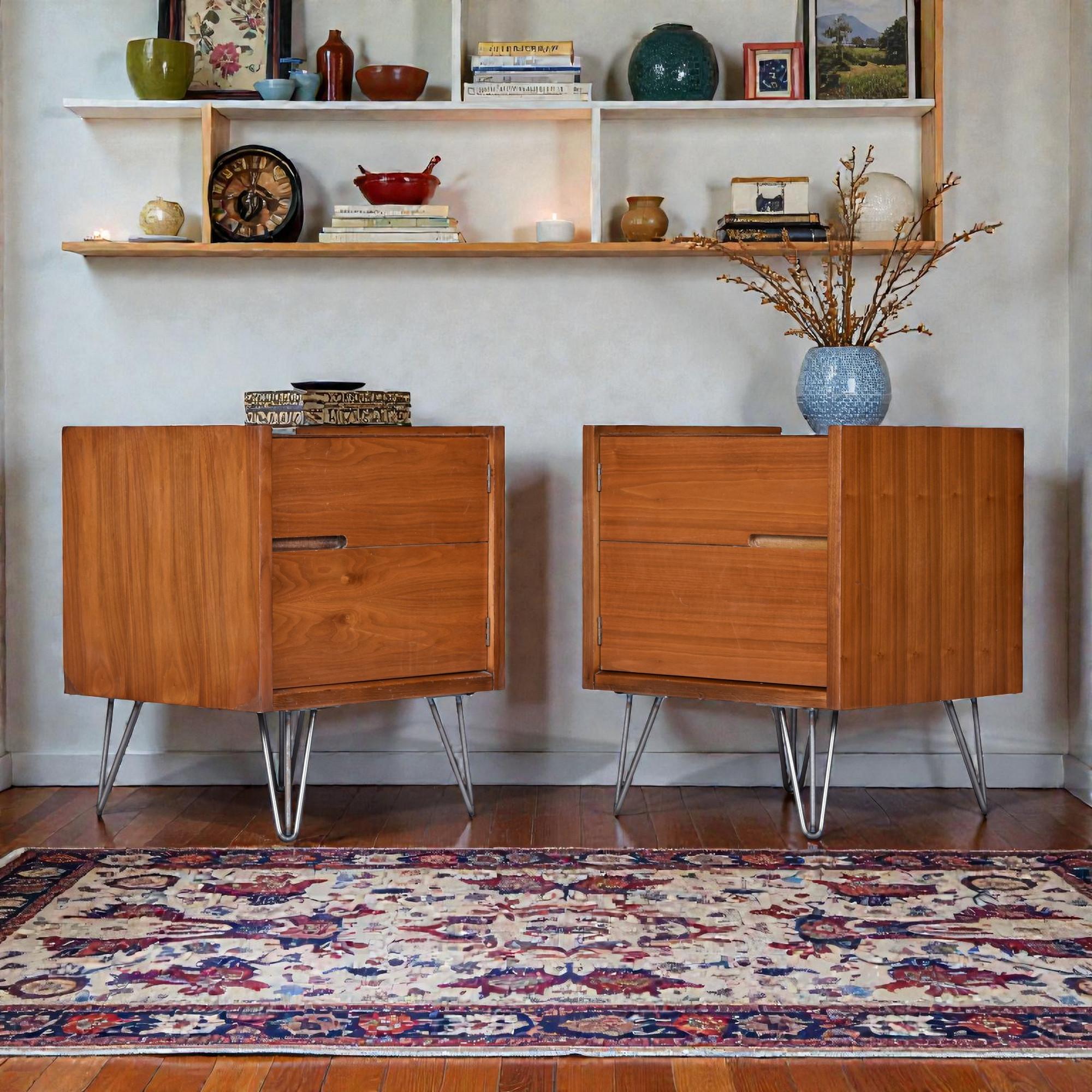 Mesillas de noche de nogal modernas de mediados de siglo, par con espejo y patas de horquilla en venta 1