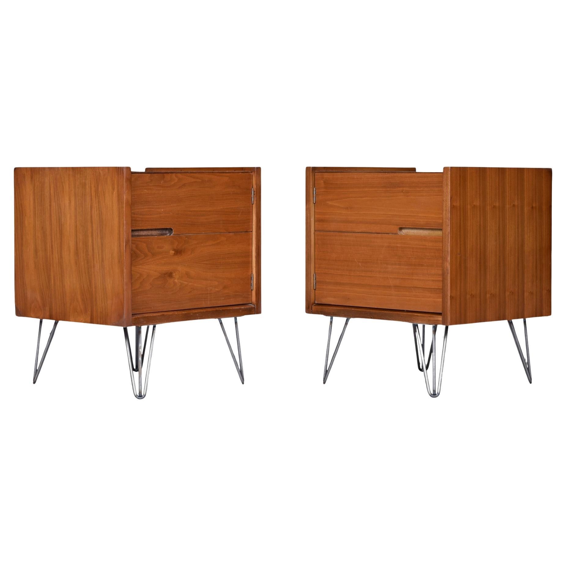 Mid-Century Modern Walnut Nightstands, Mirrored Pair on Hairpin Legs