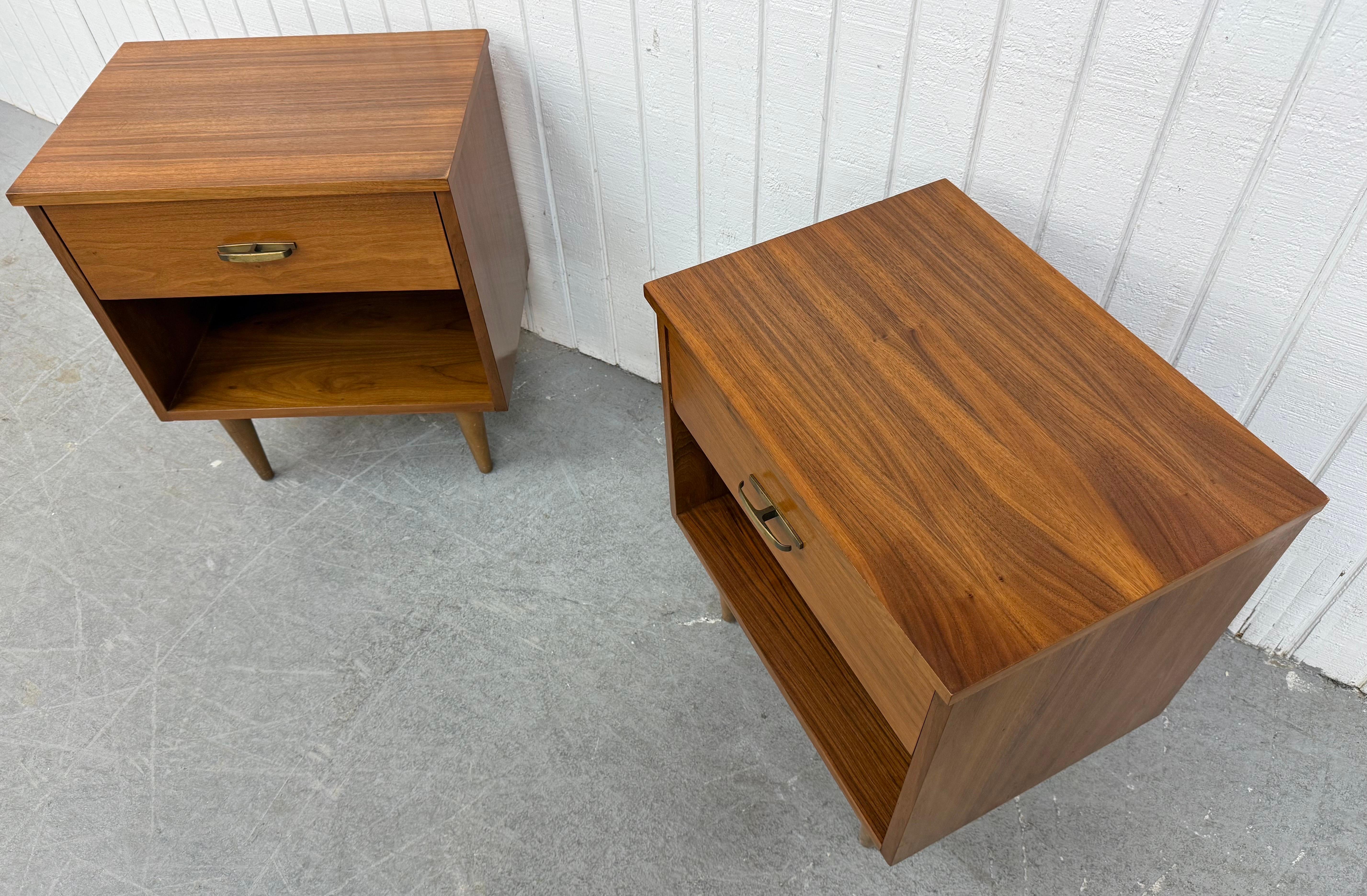 Brass Mid-Century Modern Walnut Nightstands - Set of 2 For Sale