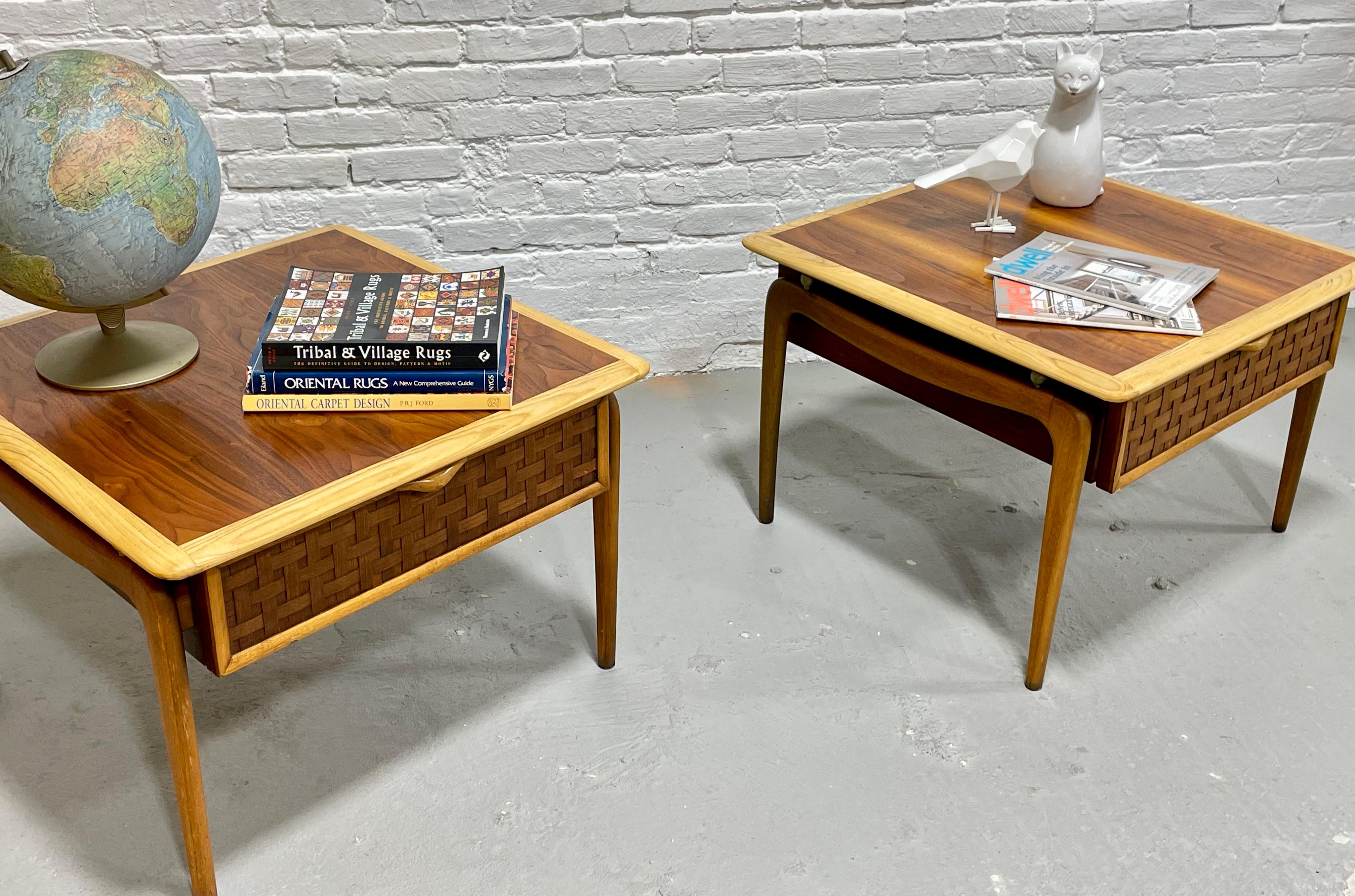 Mid Century Modern Walnut and Oak End Tables / Side Tables by Warren Church for Lane Perception.  The woven facades and sculpted hand pulls are the focal point of each table, along with the exquisite profile support brace with brass hardware.  The