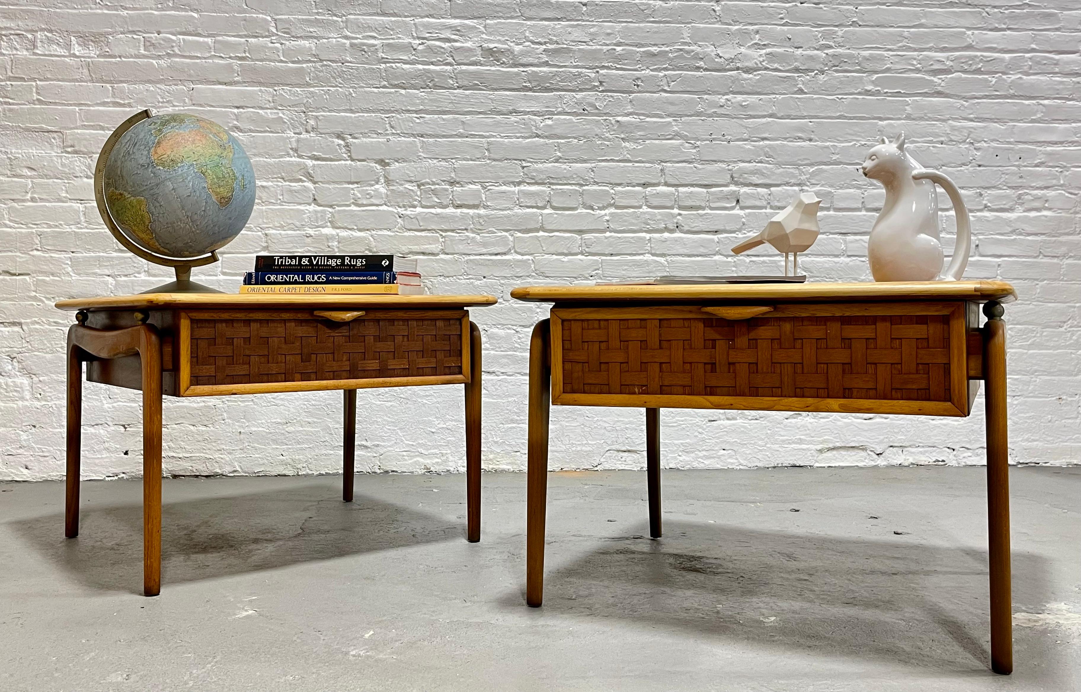 Wood Mid Century MODERN Walnut + Oak END TABLES by Lane Perception, a Pair For Sale