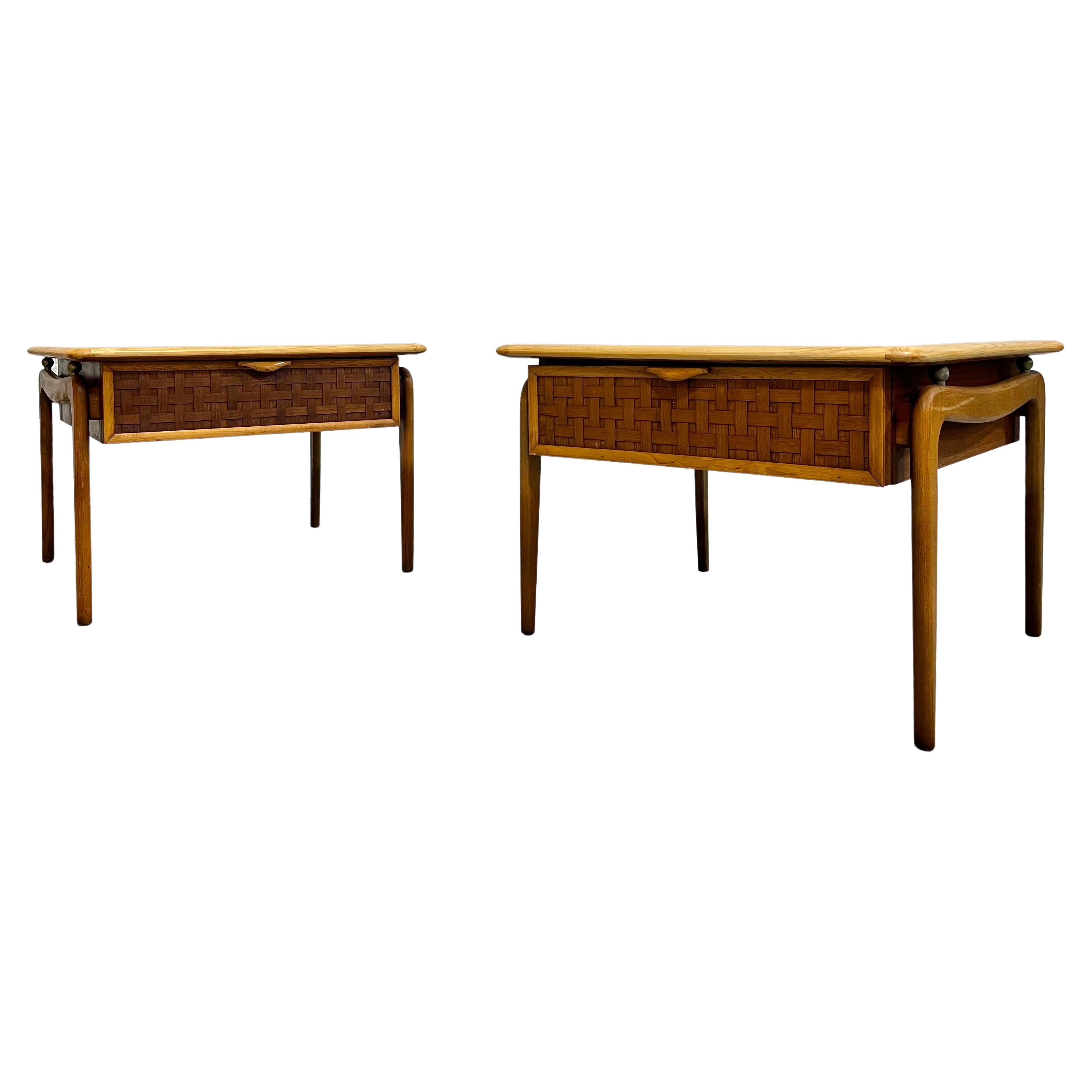 Mid Century MODERN Walnut + Oak END TABLES by Lane Perception, a Pair For Sale