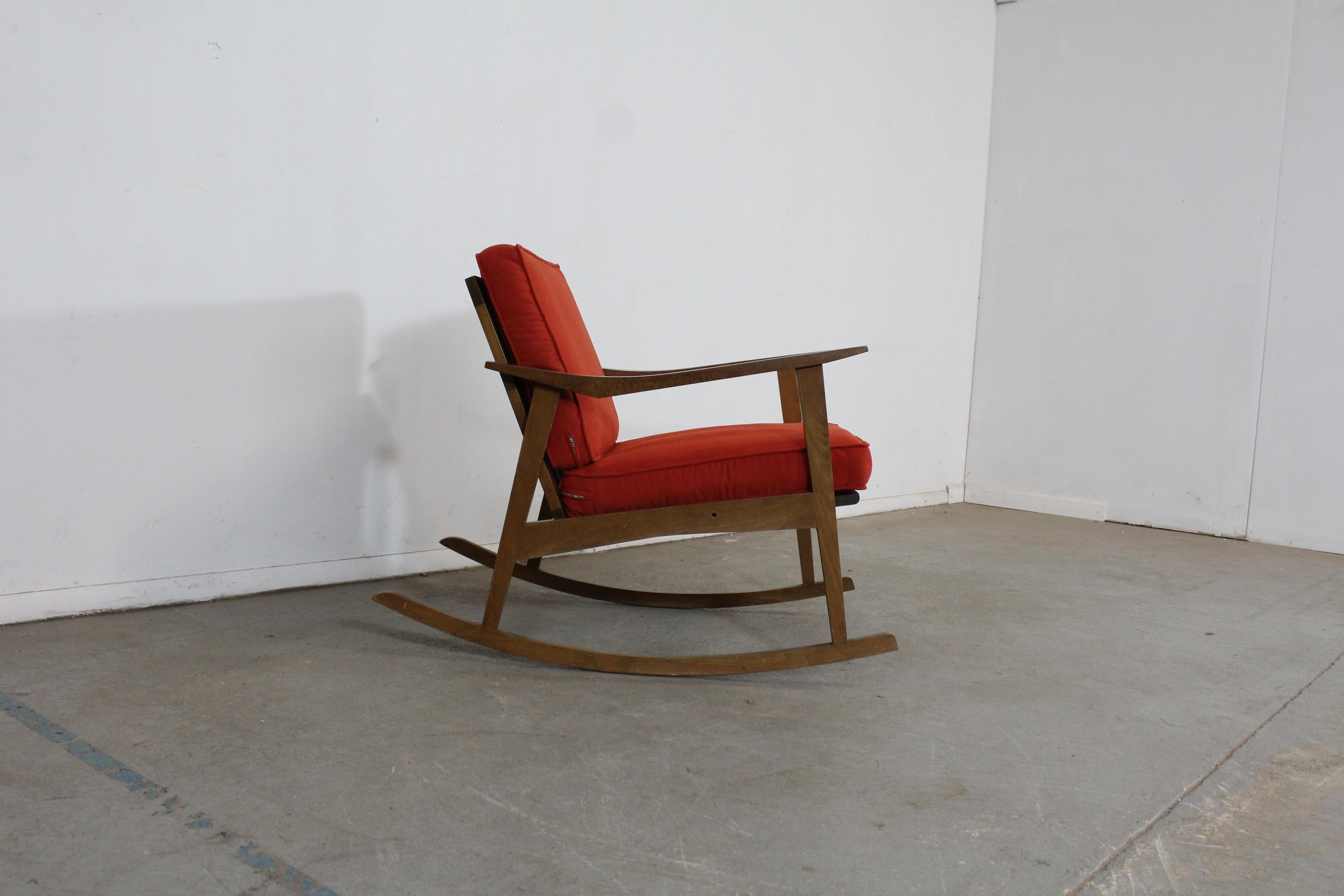 Mid-Century Modern Walnut Open Arm Rocking Chair For Sale 1