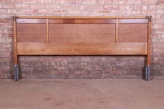 Mid-Century Modern Walnut, Rattan, and Brass King Size Headboard, circa 1960s