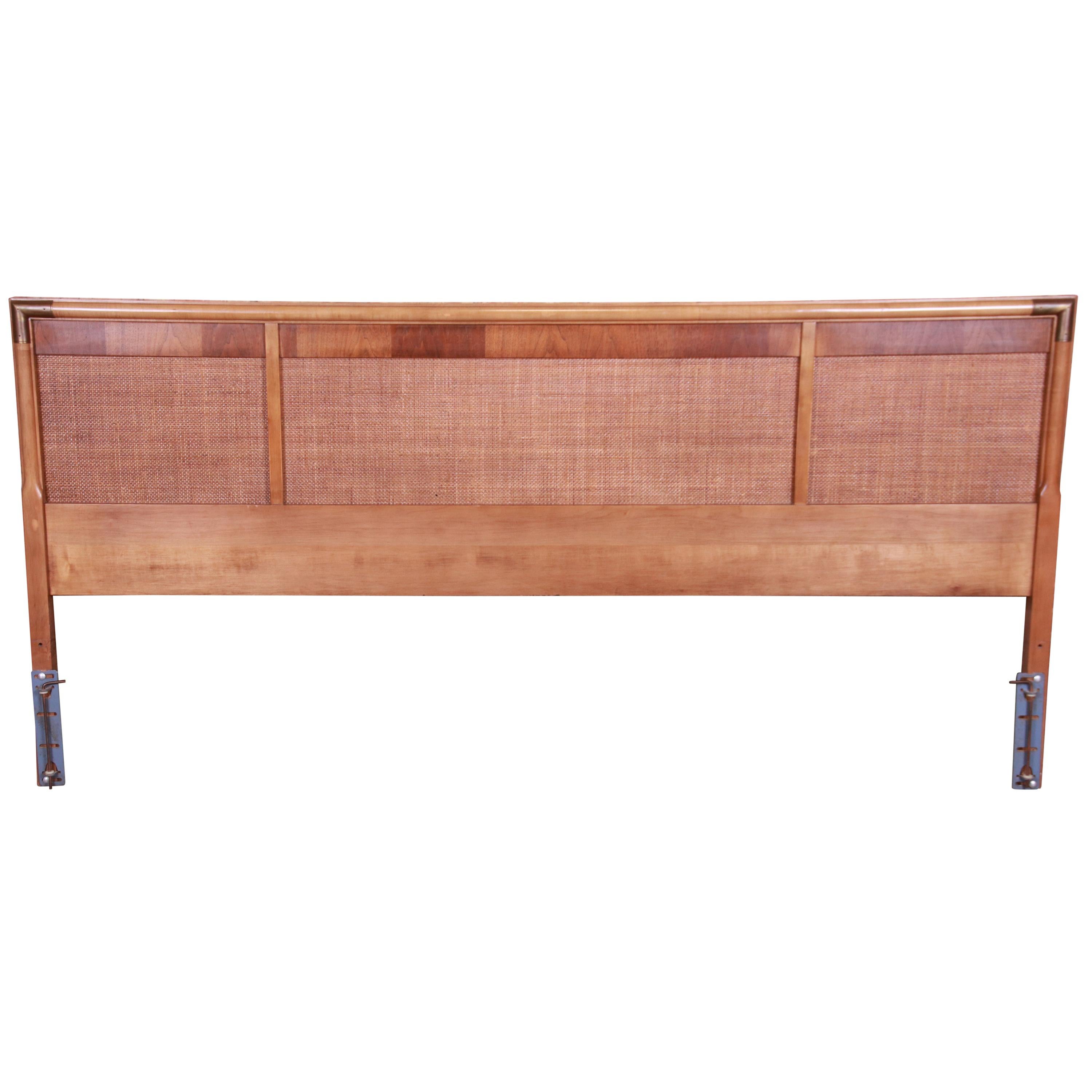 Mid-Century Modern Walnut, Rattan, and Brass King Size Headboard, circa 1960s