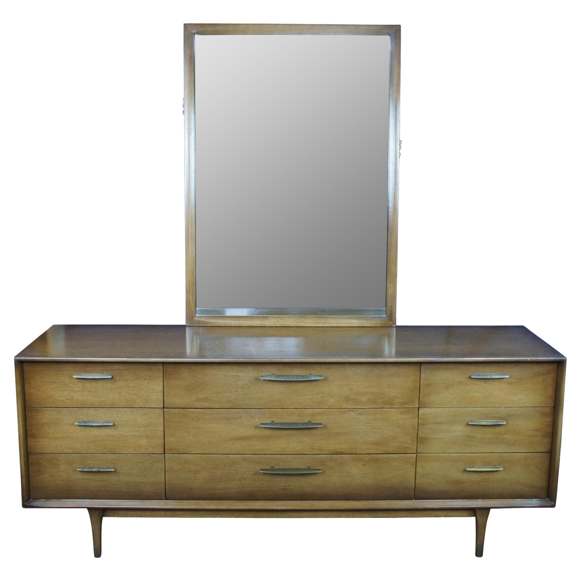 Mid-Century Modern Walnut Red Lion Table Co 9 Drawer Mirrored Triple Dresser