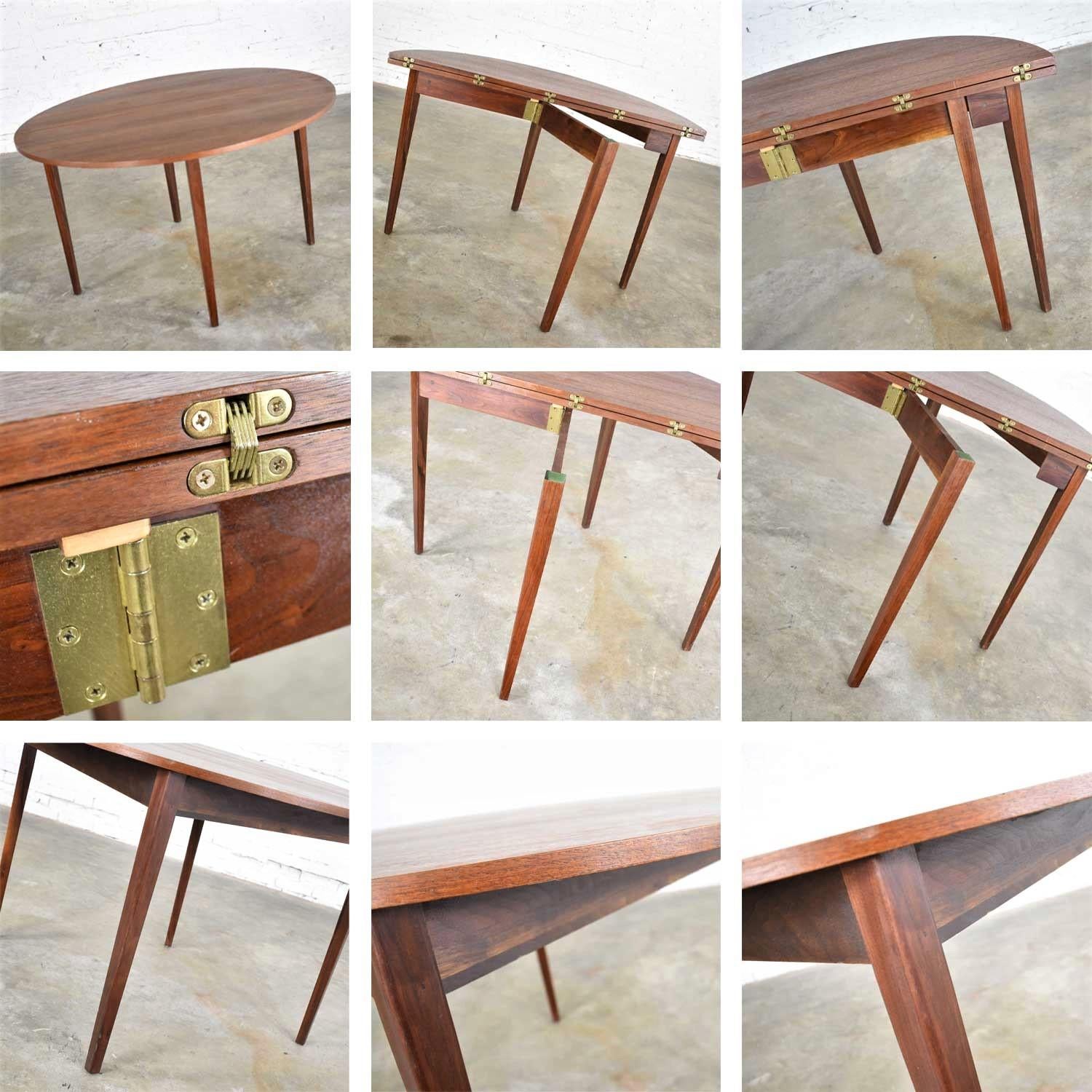 Mid-Century Modern Walnut Round Flip Top or Folding Dining Table to Demilune 2