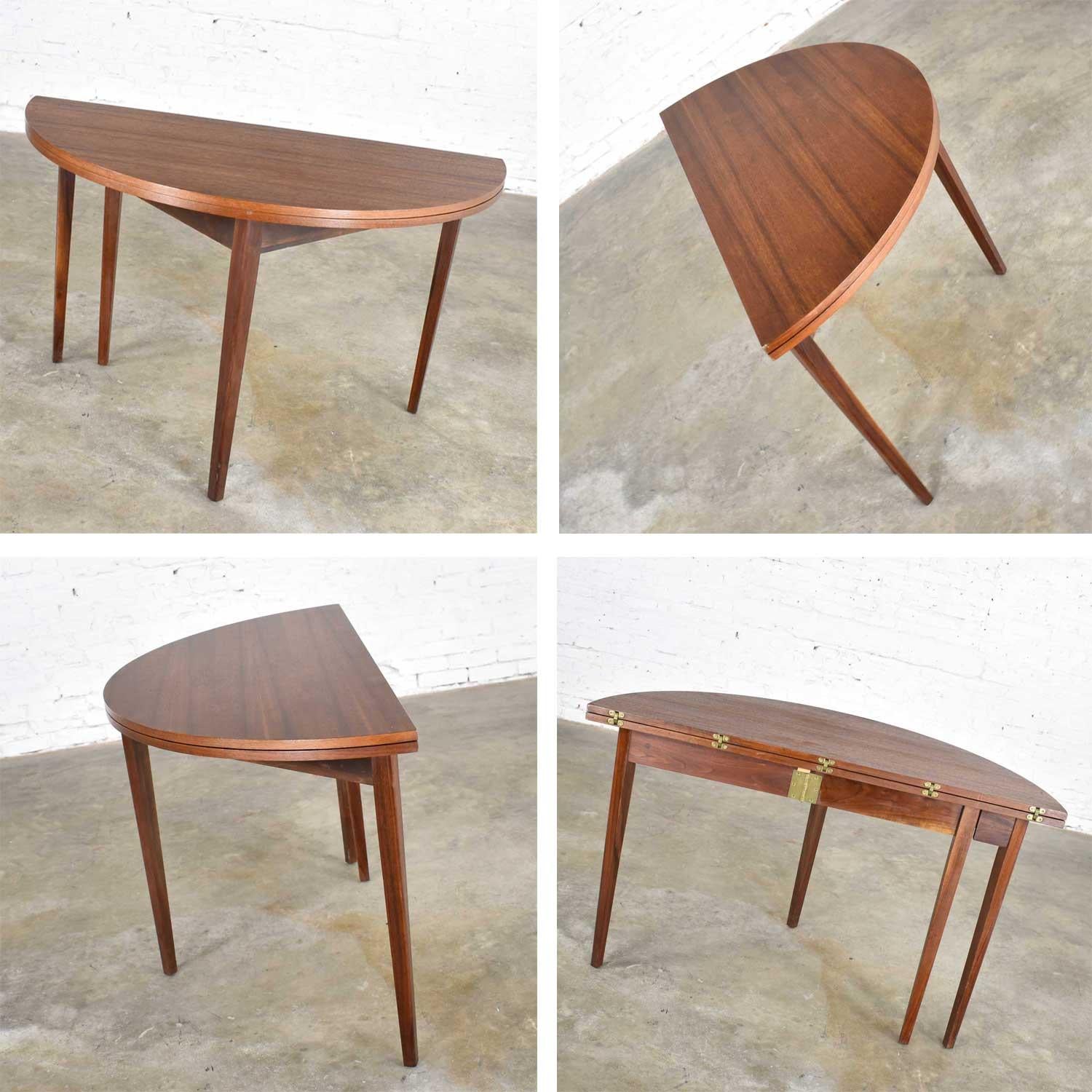 Mid-Century Modern Walnut Round Flip Top or Folding Dining Table to Demilune 4