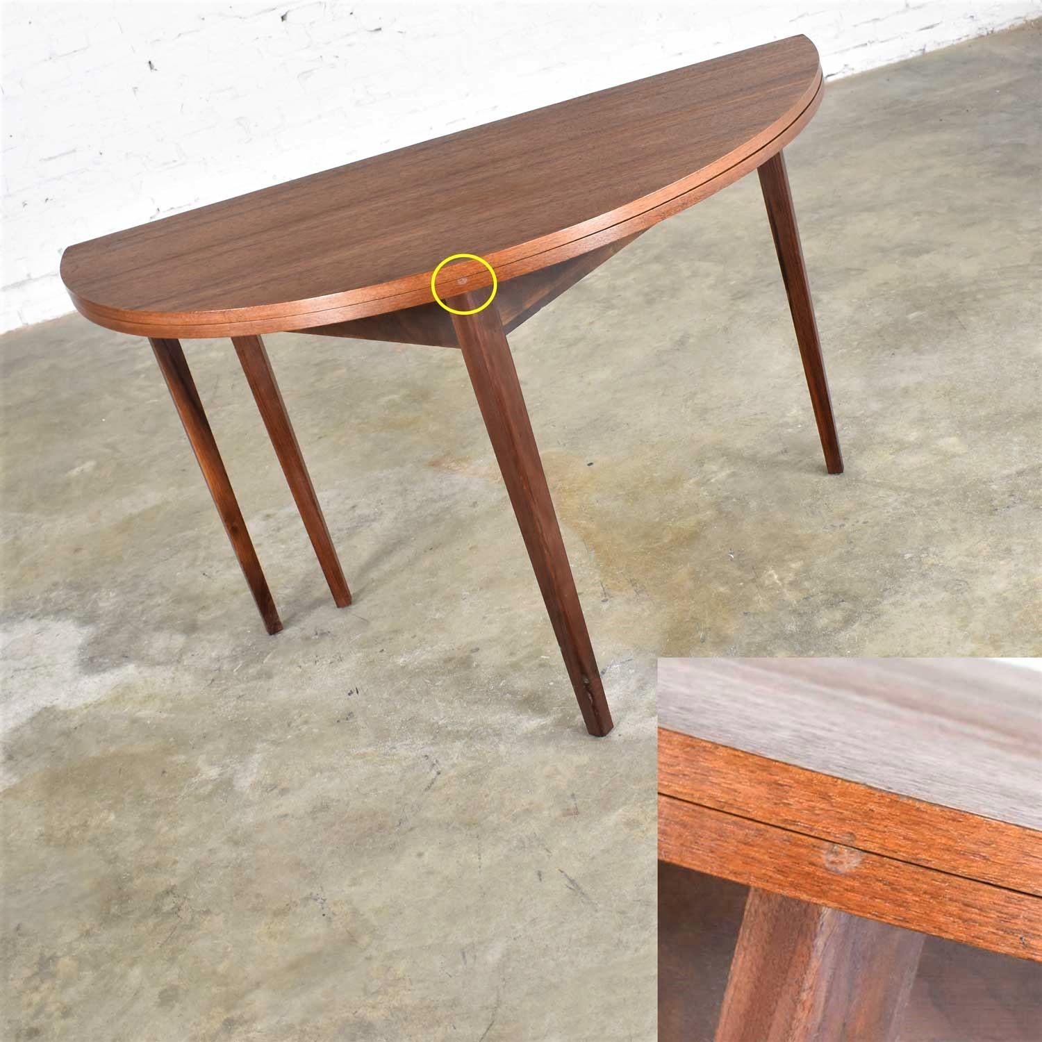 Mid-Century Modern Walnut Round Flip Top or Folding Dining Table to Demilune 9