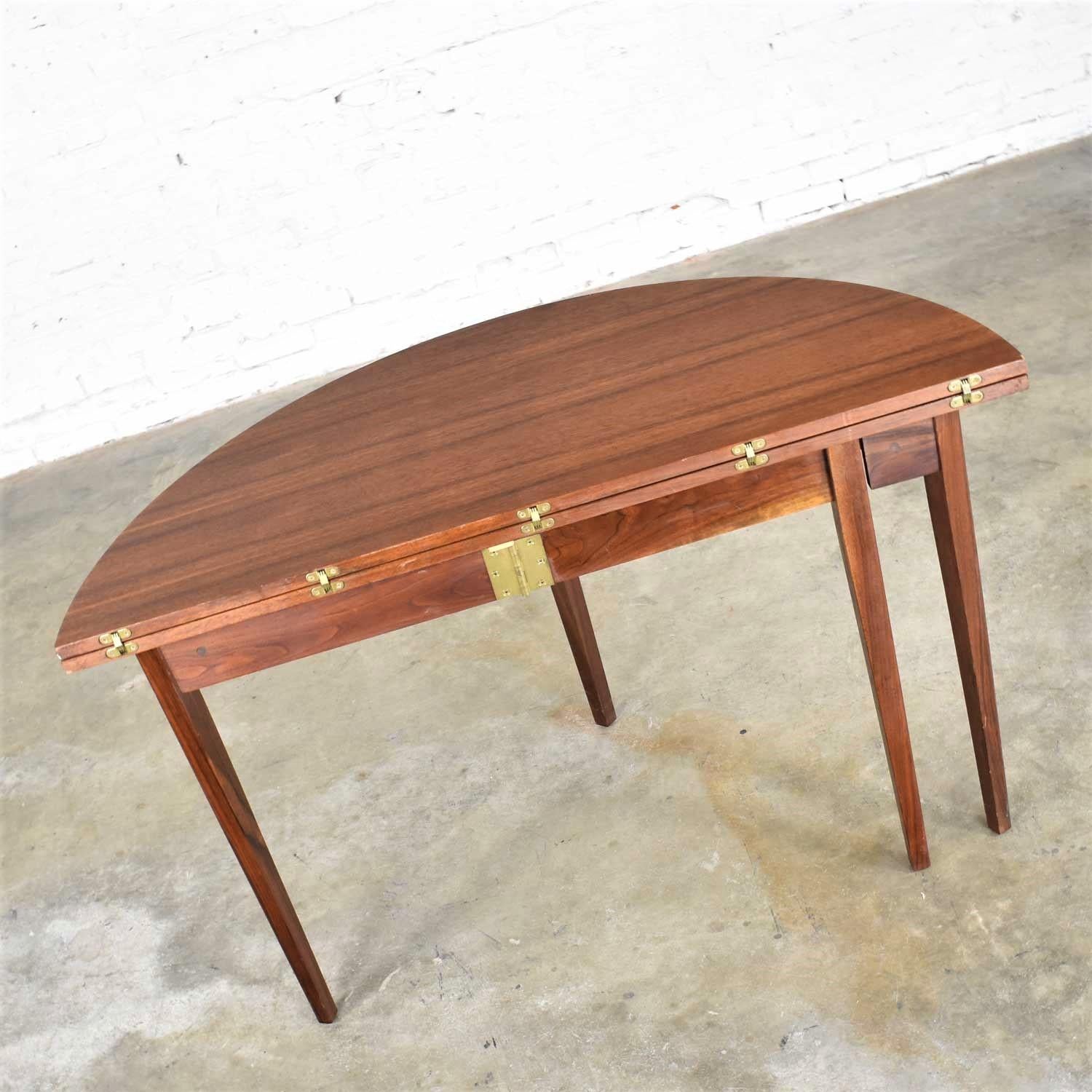 American Mid-Century Modern Walnut Round Flip Top or Folding Dining Table to Demilune