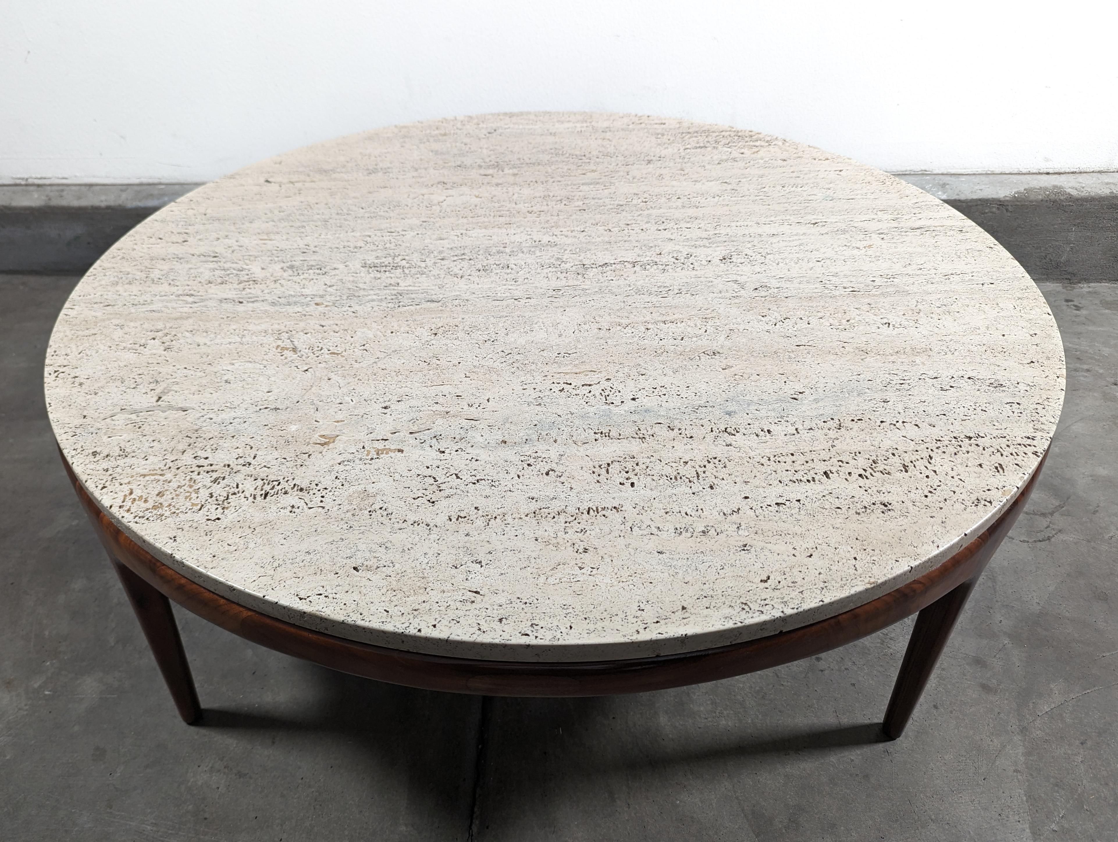 Mid Century Modern Walnut Rythm Coffee Table with Travertine Top by Lane, c1960s For Sale 8