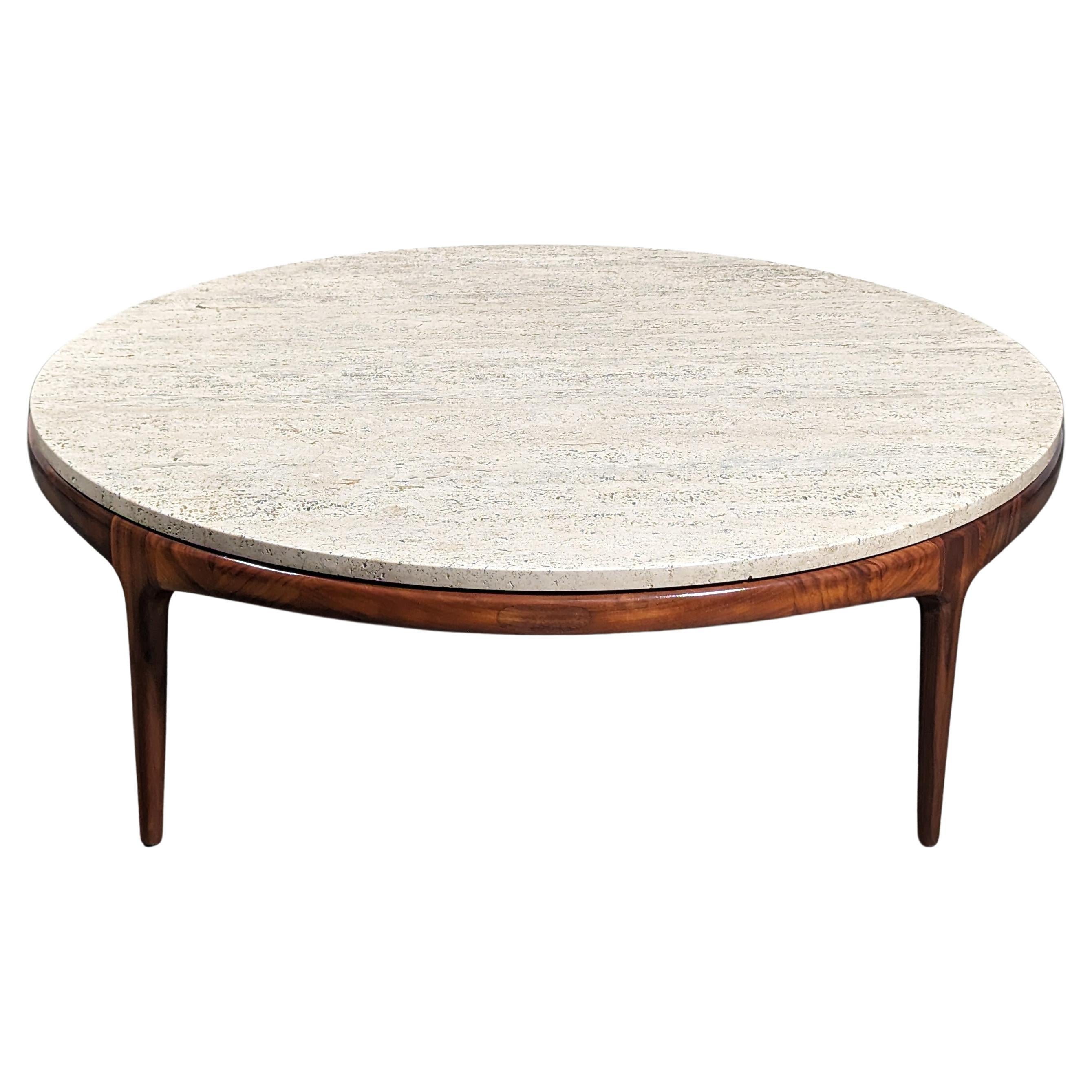 Mid Century Modern Walnut Rythm Coffee Table with Travertine Top by Lane, c1960s For Sale