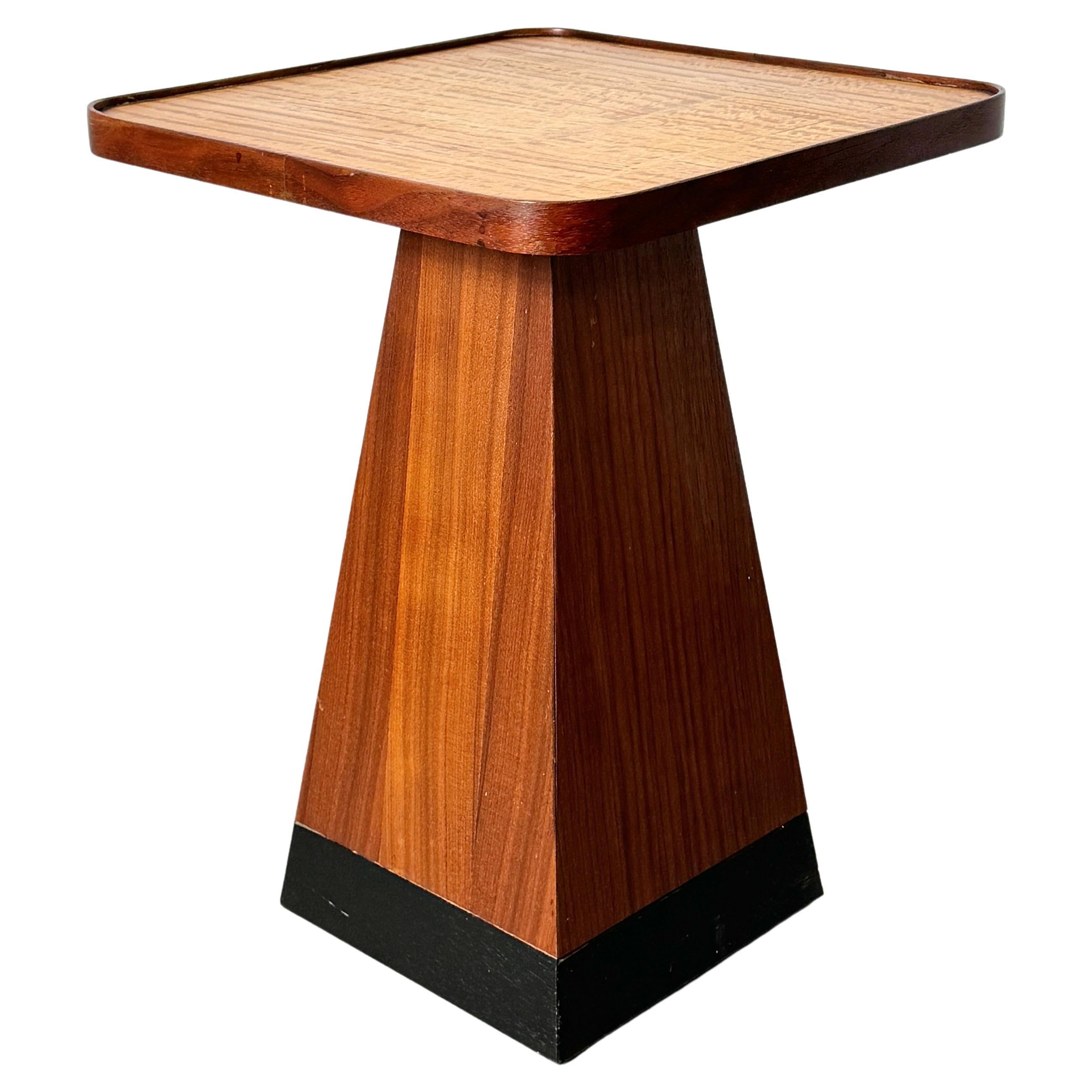 Mid Century Modern Walnut Satinwood Square Pyramid Side Pedestal Table 1970s For Sale