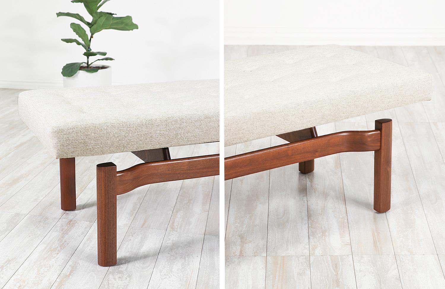 Mid-Century Modern Walnut Sculpted Floating Tufted Bench 4