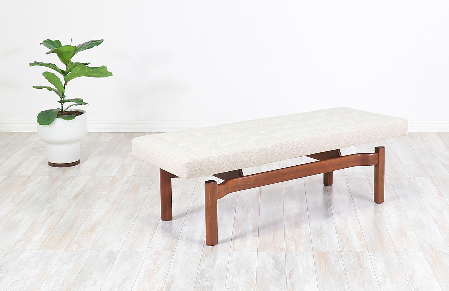 American Mid-Century Modern Walnut Sculpted Floating Tufted Bench