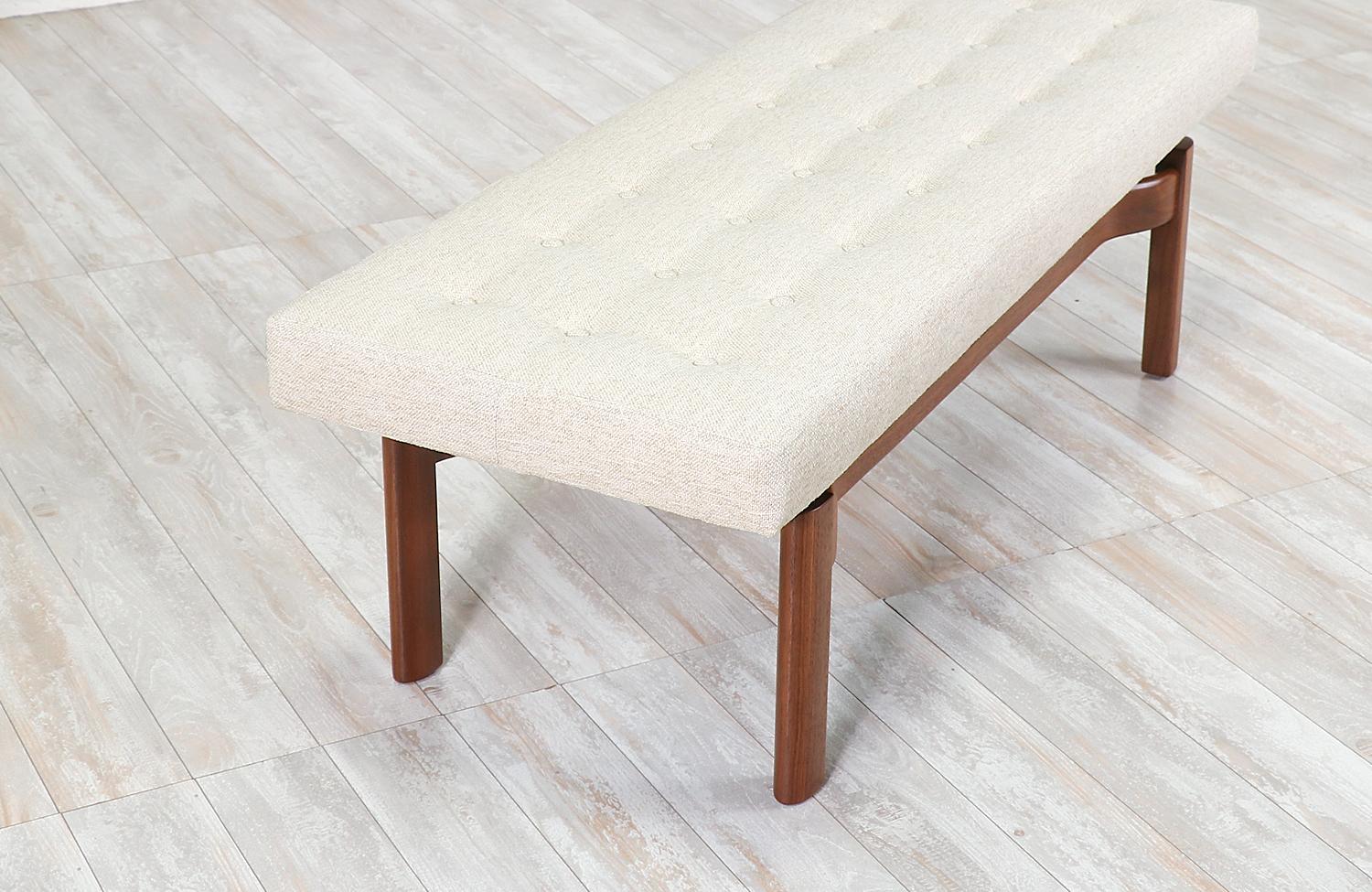 Fabric Mid-Century Modern Walnut Sculpted Floating Tufted Bench