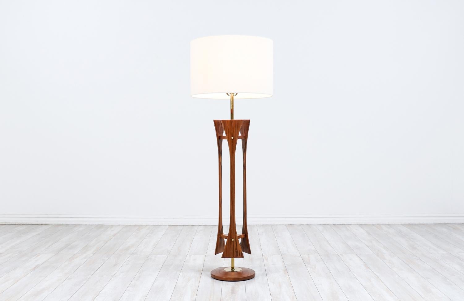 American Mid-Century Modern Walnut Sculpted Floor Lamp with Brass Accents